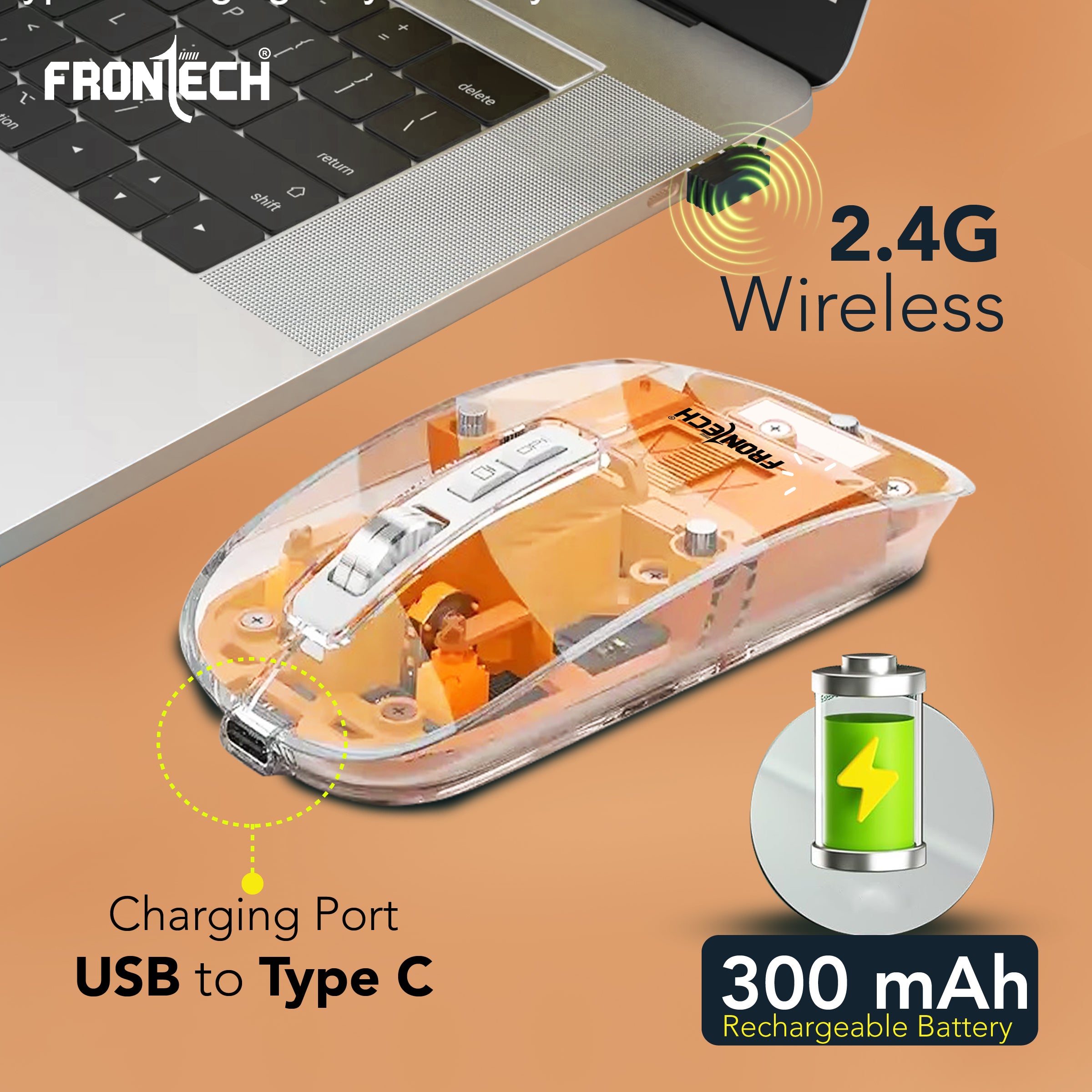 Frontech Wireless Transparent Bluetooth Mouse|2.4Ghz|3200 DPI| 300mAh Rechargeable Battery|5 Button Mouse|1 Year Warranty