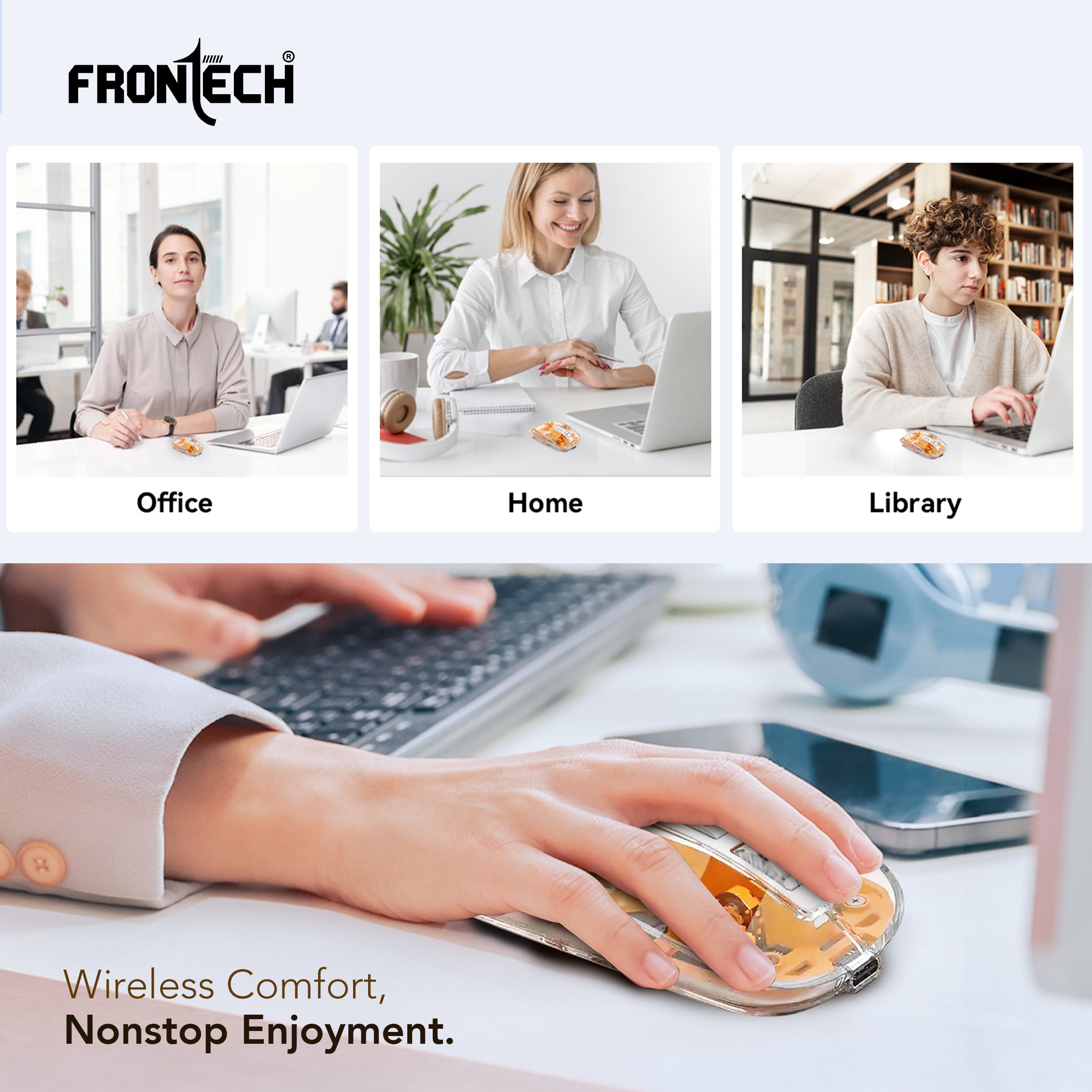 Frontech Wireless Transparent Bluetooth Mouse|2.4Ghz|3200 DPI| 300mAh Rechargeable Battery|5 Button Mouse|1 Year Warranty