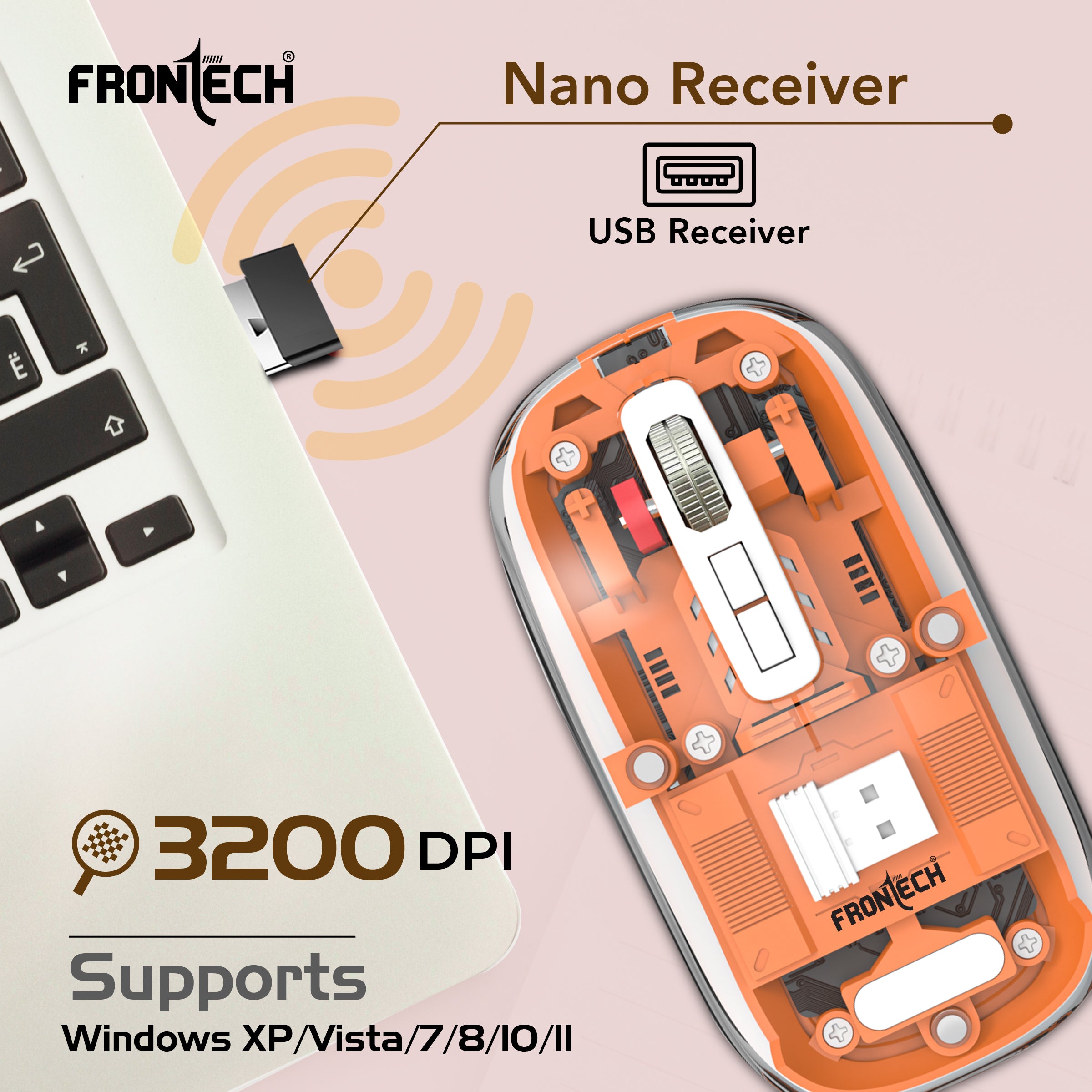 Frontech Wireless Transparent Bluetooth Mouse|2.4Ghz|3200 DPI| 300mAh Rechargeable Battery|5 Button Mouse|1 Year Warranty