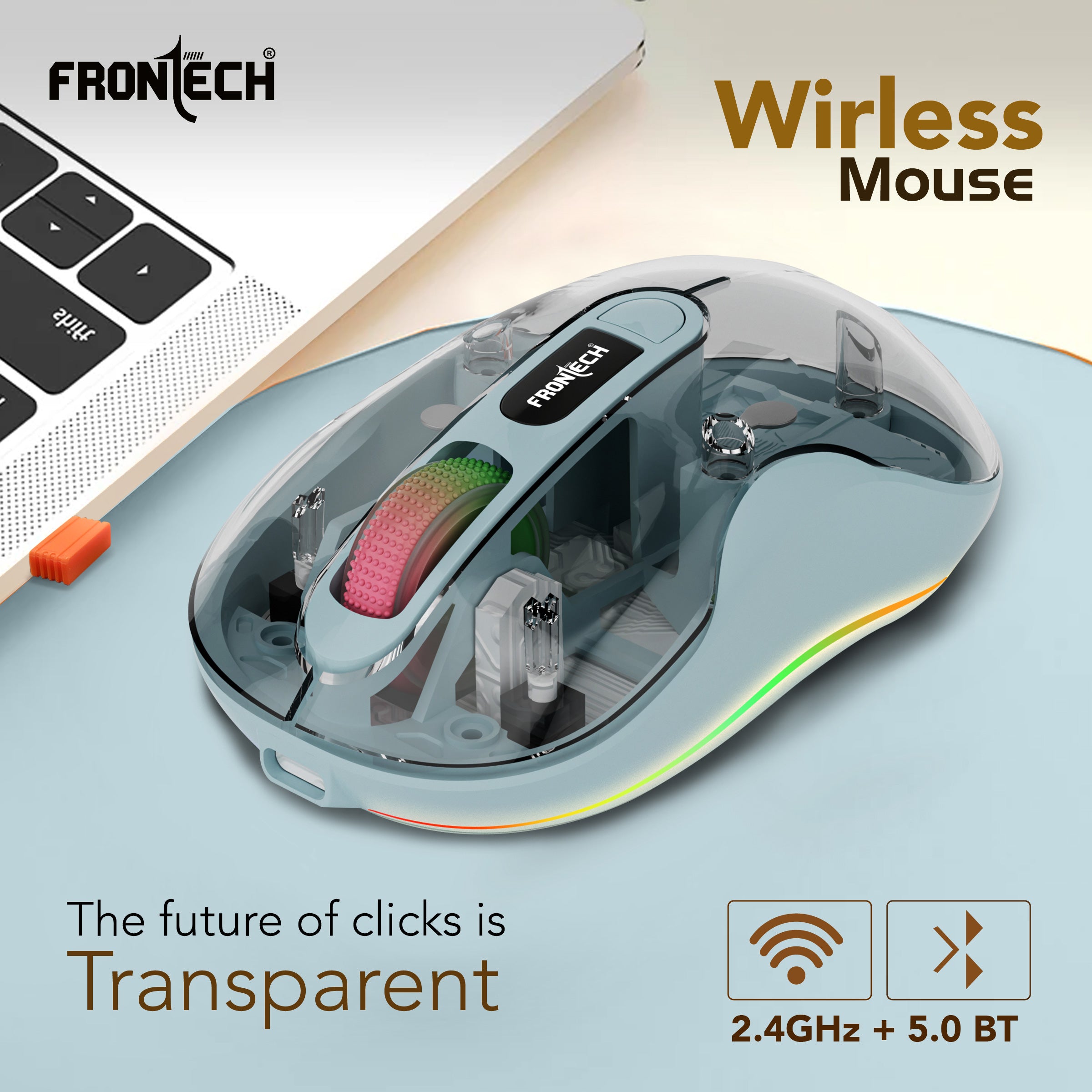 Frontech Transparent Wireless Mouse, Tri-Mode (2.4GHz + Bluetooth 5.0), 3200 DPI Adjustable, Type-C Rechargeable, Silent Click, LED Light, for Laptop/PC/Mac/iPad, 1-Year Warranty (MS-0076)