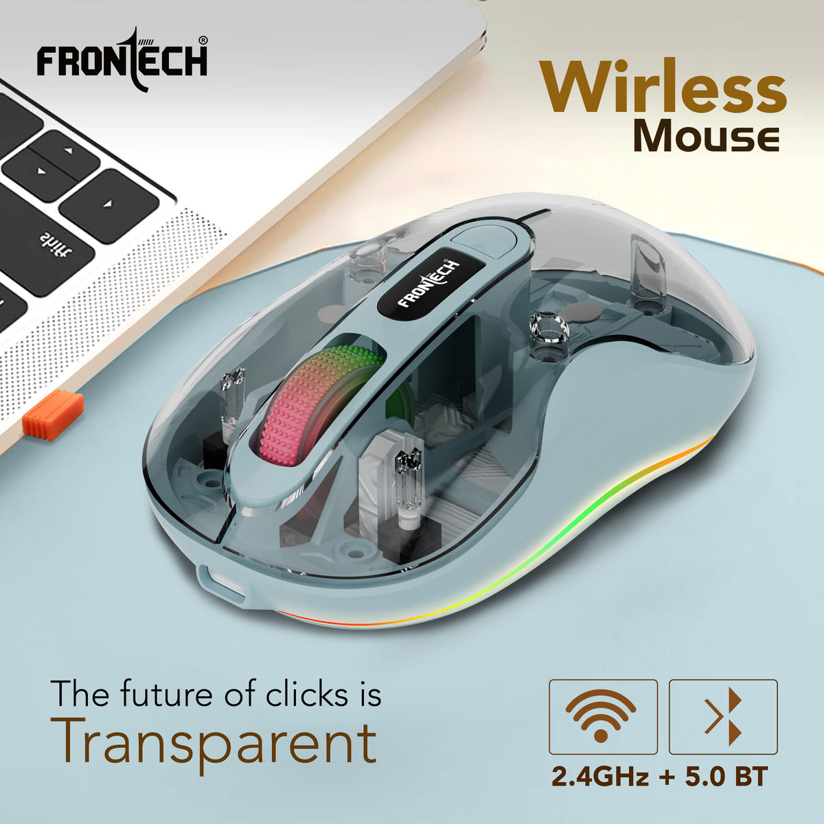 Frontech Wireless Transparent Bluetooth Mouse|2.4Ghz|3200 DPI| 300mAh Rechargeable Battery|4 Button Mouse|1 Year Warranty