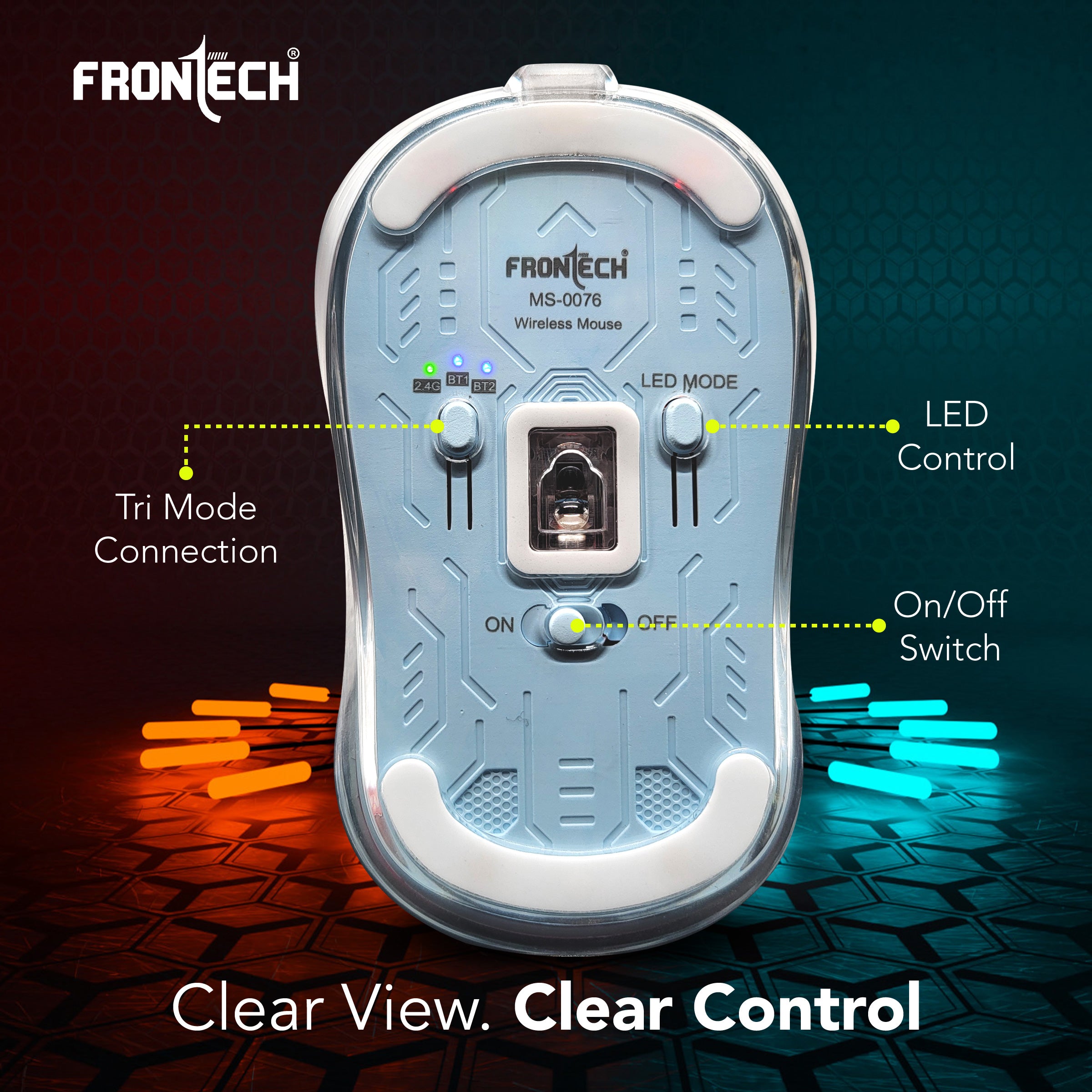 Frontech Transparent Wireless Mouse, Tri-Mode (2.4GHz + Bluetooth 5.0), 3200 DPI Adjustable, Type-C Rechargeable, Silent Click, LED Light, for Laptop/PC/Mac/iPad, 1-Year Warranty (MS-0076)
