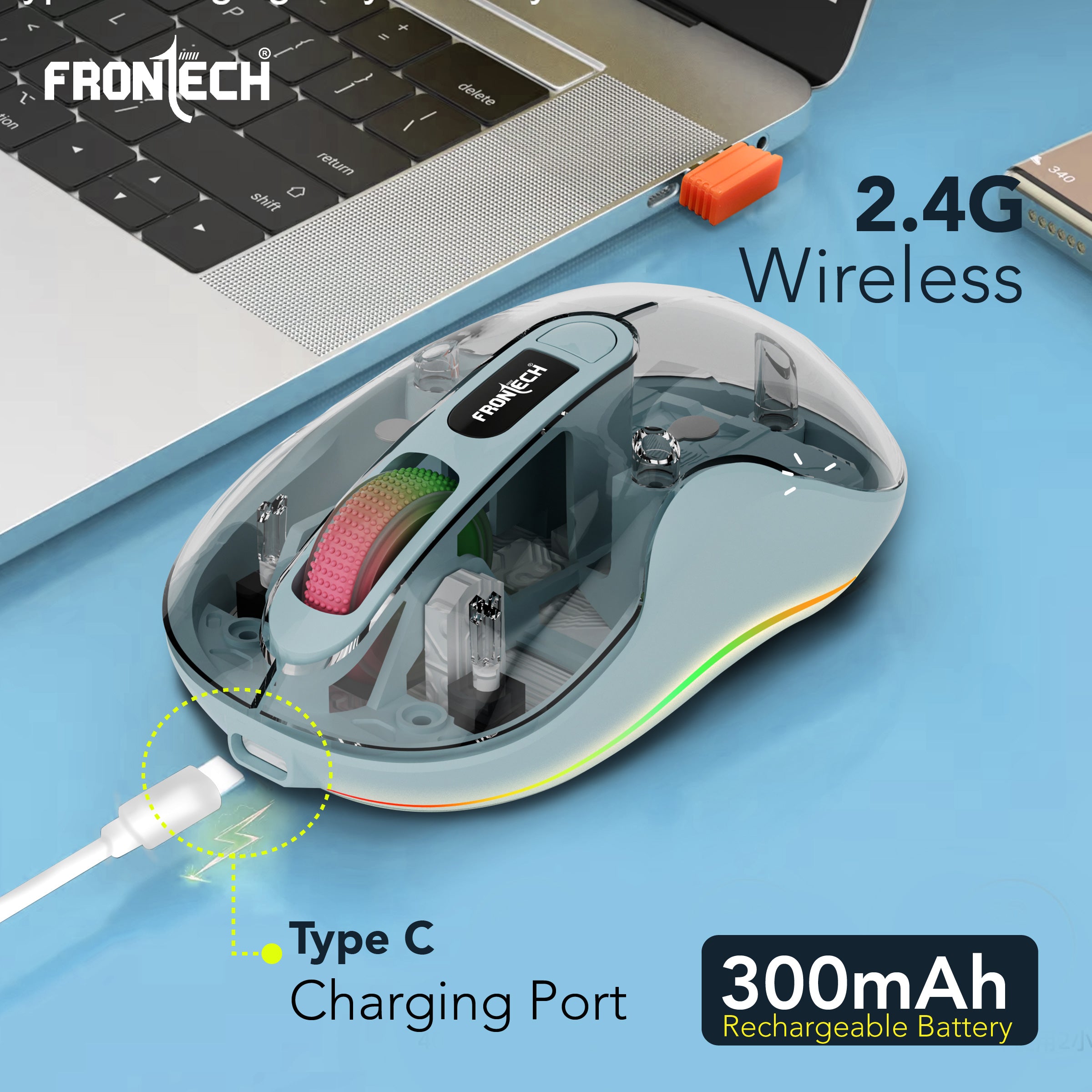 Frontech Transparent Wireless Mouse, Tri-Mode (2.4GHz + Bluetooth 5.0), 3200 DPI Adjustable, Type-C Rechargeable, Silent Click, LED Light, for Laptop/PC/Mac/iPad, 1-Year Warranty (MS-0076)
