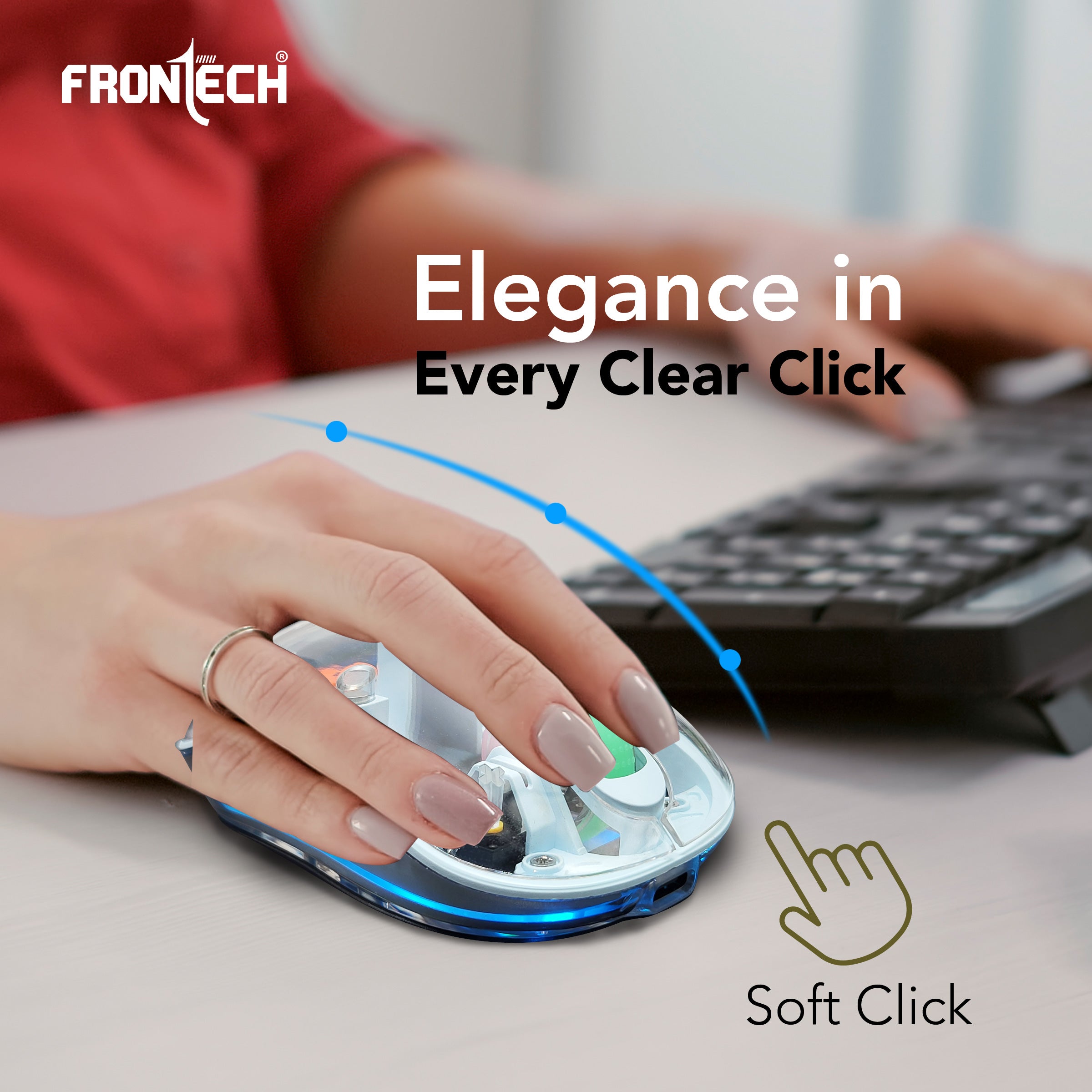 Frontech Transparent Wireless Mouse, Tri-Mode (2.4GHz + Bluetooth 5.0), 3200 DPI Adjustable, Type-C Rechargeable, Silent Click, LED Light, for Laptop/PC/Mac/iPad, 1-Year Warranty (MS-0076)
