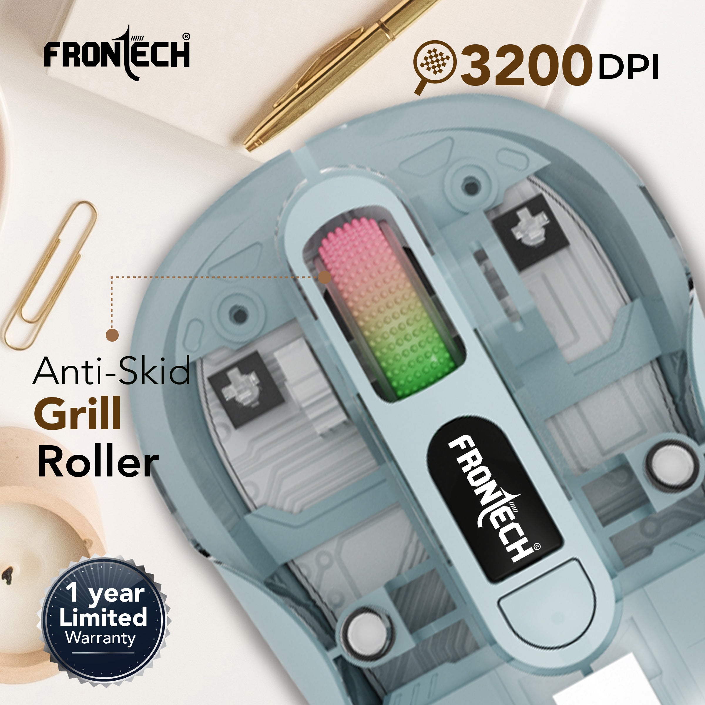 Frontech Transparent Wireless Mouse, Tri-Mode (2.4GHz + Bluetooth 5.0), 3200 DPI Adjustable, Type-C Rechargeable, Silent Click, LED Light, for Laptop/PC/Mac/iPad, 1-Year Warranty (MS-0076)