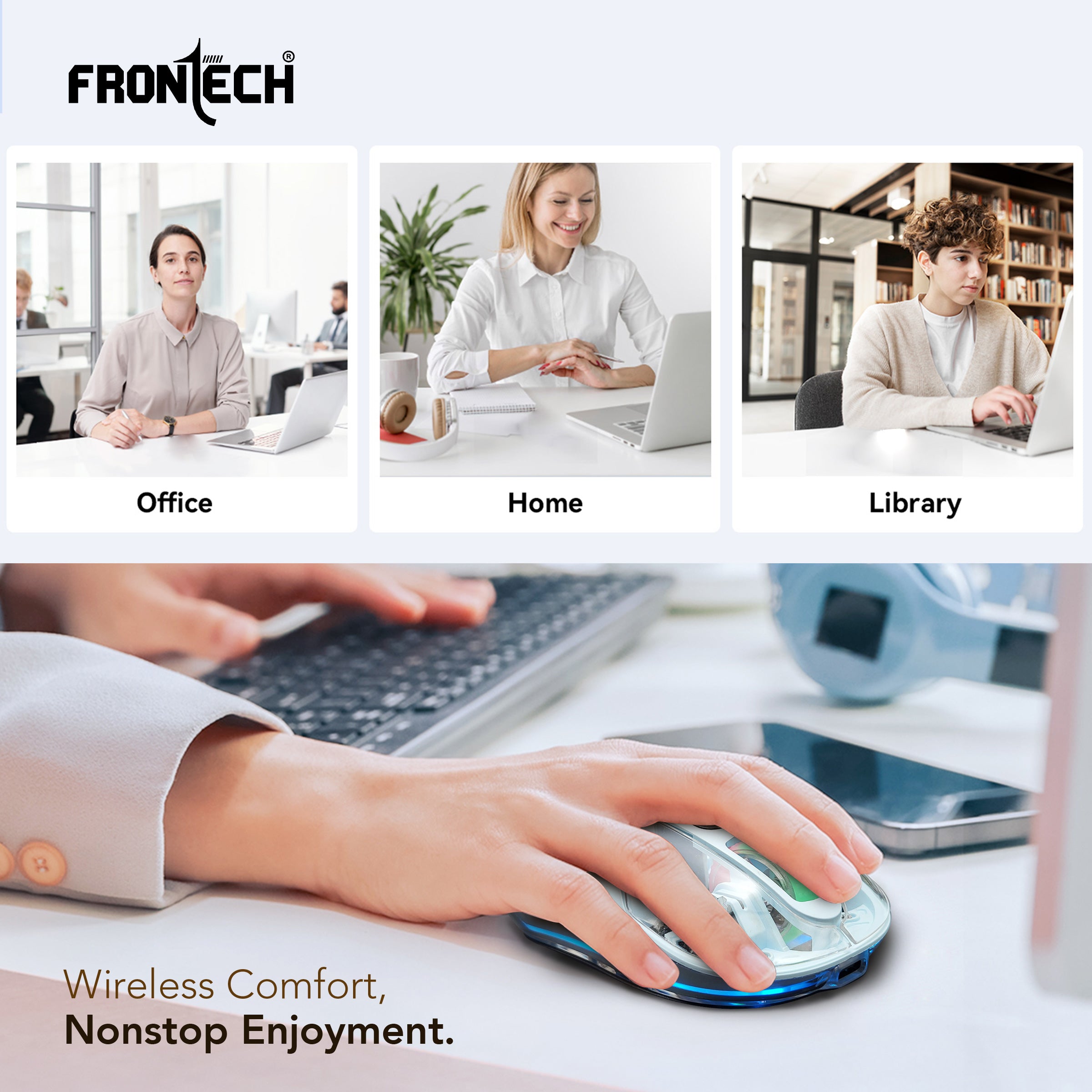 Frontech Transparent Wireless Mouse, Tri-Mode (2.4GHz + Bluetooth 5.0), 3200 DPI Adjustable, Type-C Rechargeable, Silent Click, LED Light, for Laptop/PC/Mac/iPad, 1-Year Warranty (MS-0076)