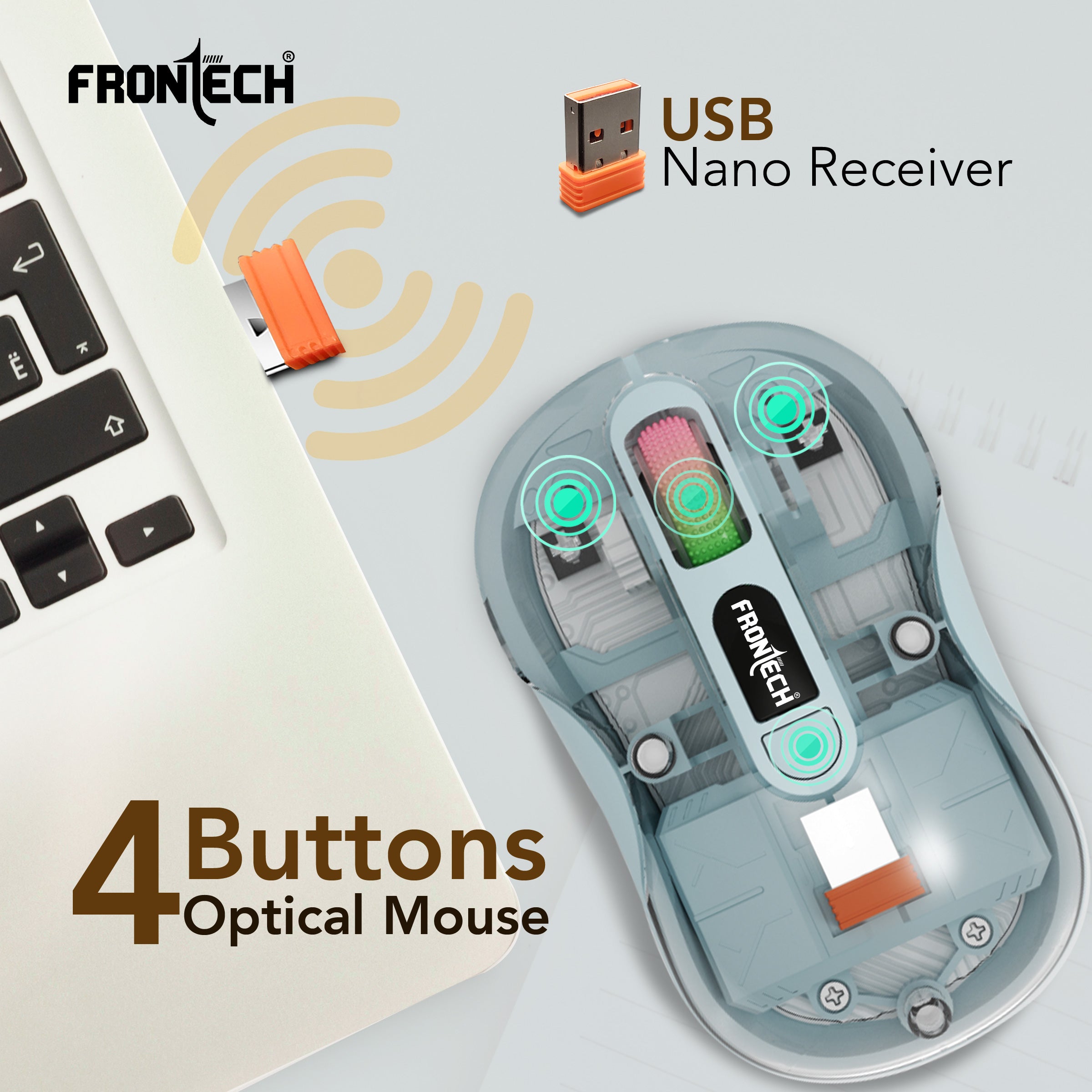 Frontech Transparent Wireless Mouse, Tri-Mode (2.4GHz + Bluetooth 5.0), 3200 DPI Adjustable, Type-C Rechargeable, Silent Click, LED Light, for Laptop/PC/Mac/iPad, 1-Year Warranty (MS-0076)