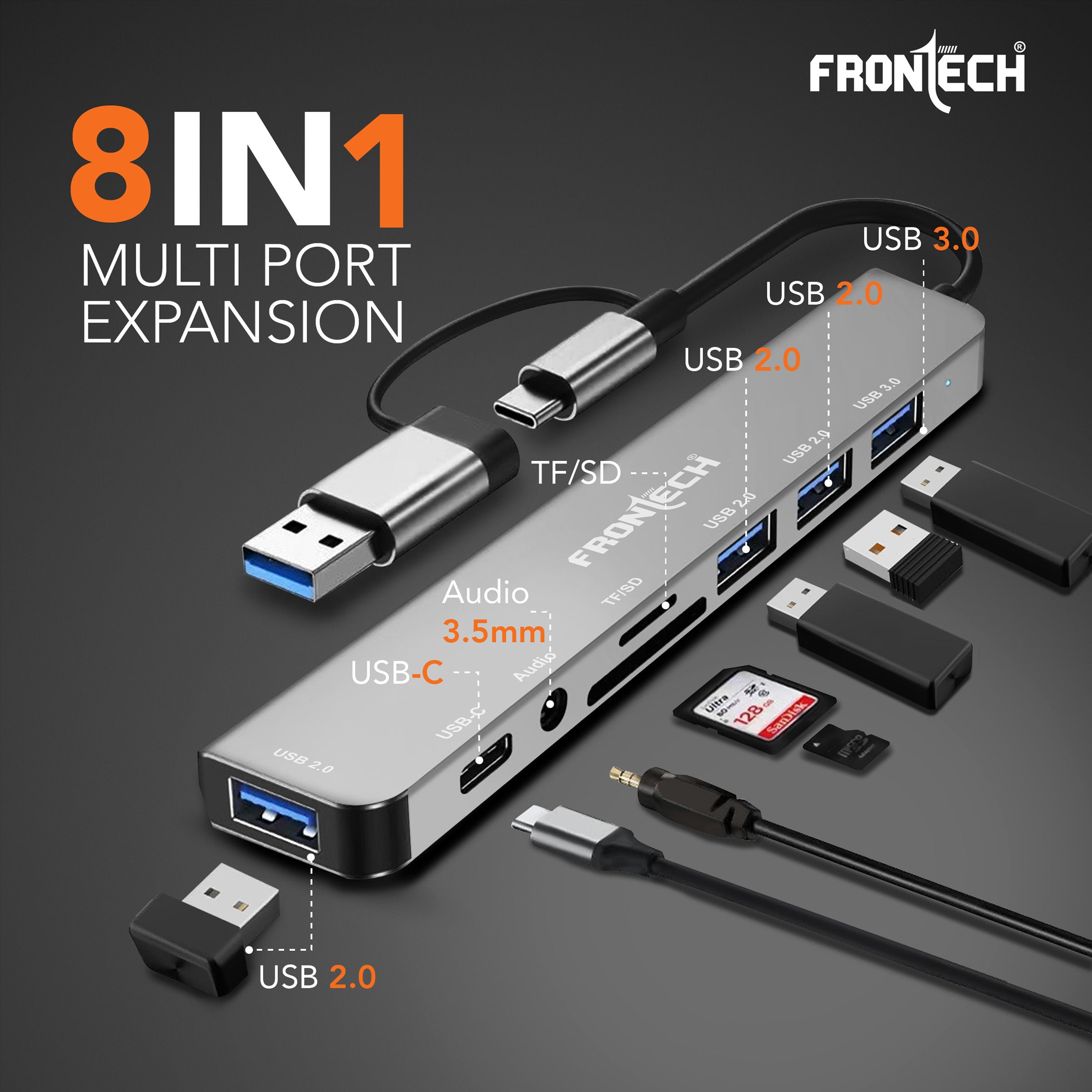 Frontech 8-in-1 Multi-Port Expansion Hub | Dual Input (USB-C & USB) | High-Speed Data Transfer | Metal Matt Finish (NC-0058)