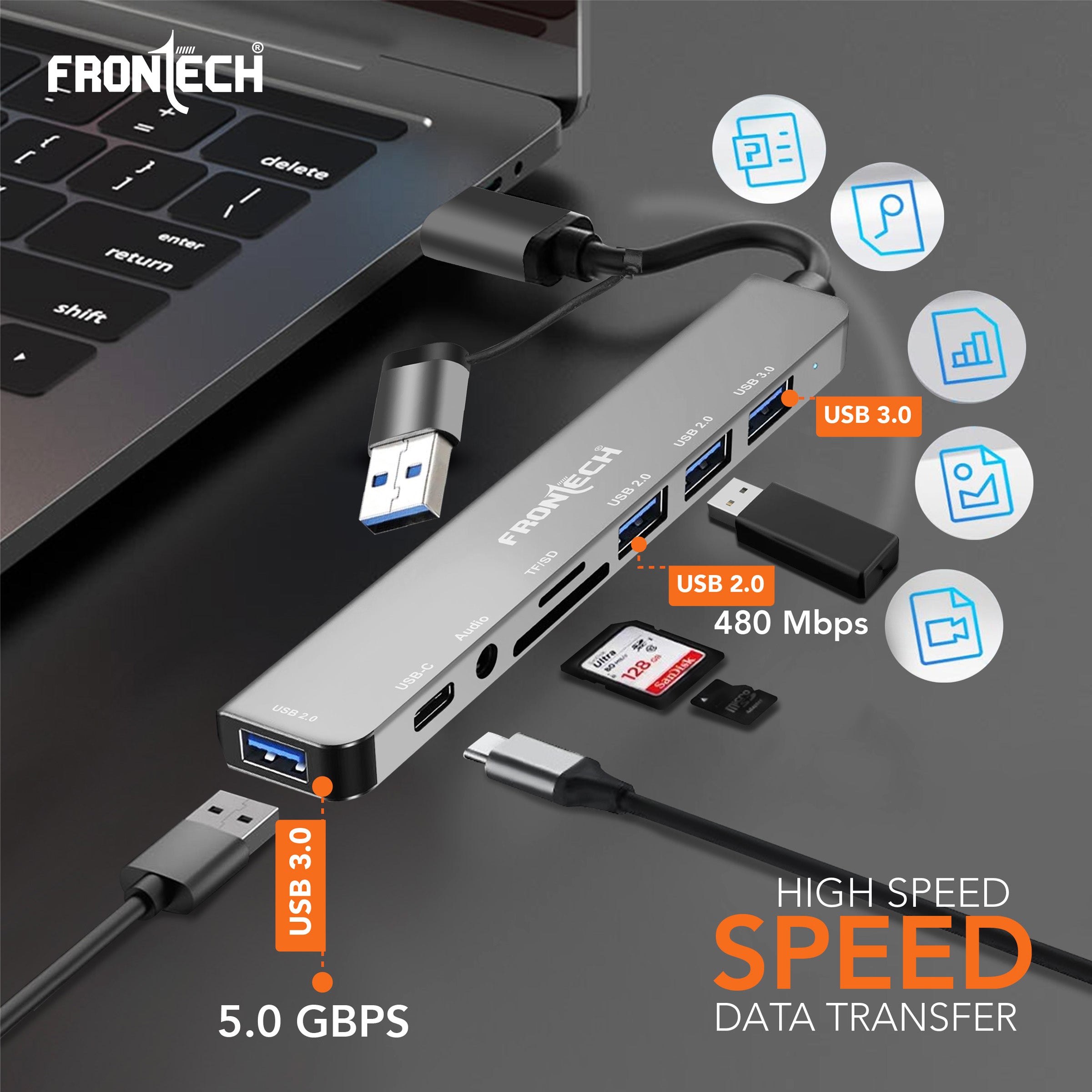 Frontech 8-in-1 Multi-Port Expansion Hub | Dual Input (USB-C & USB) | High-Speed Data Transfer | Metal Matt Finish (NC-0058)