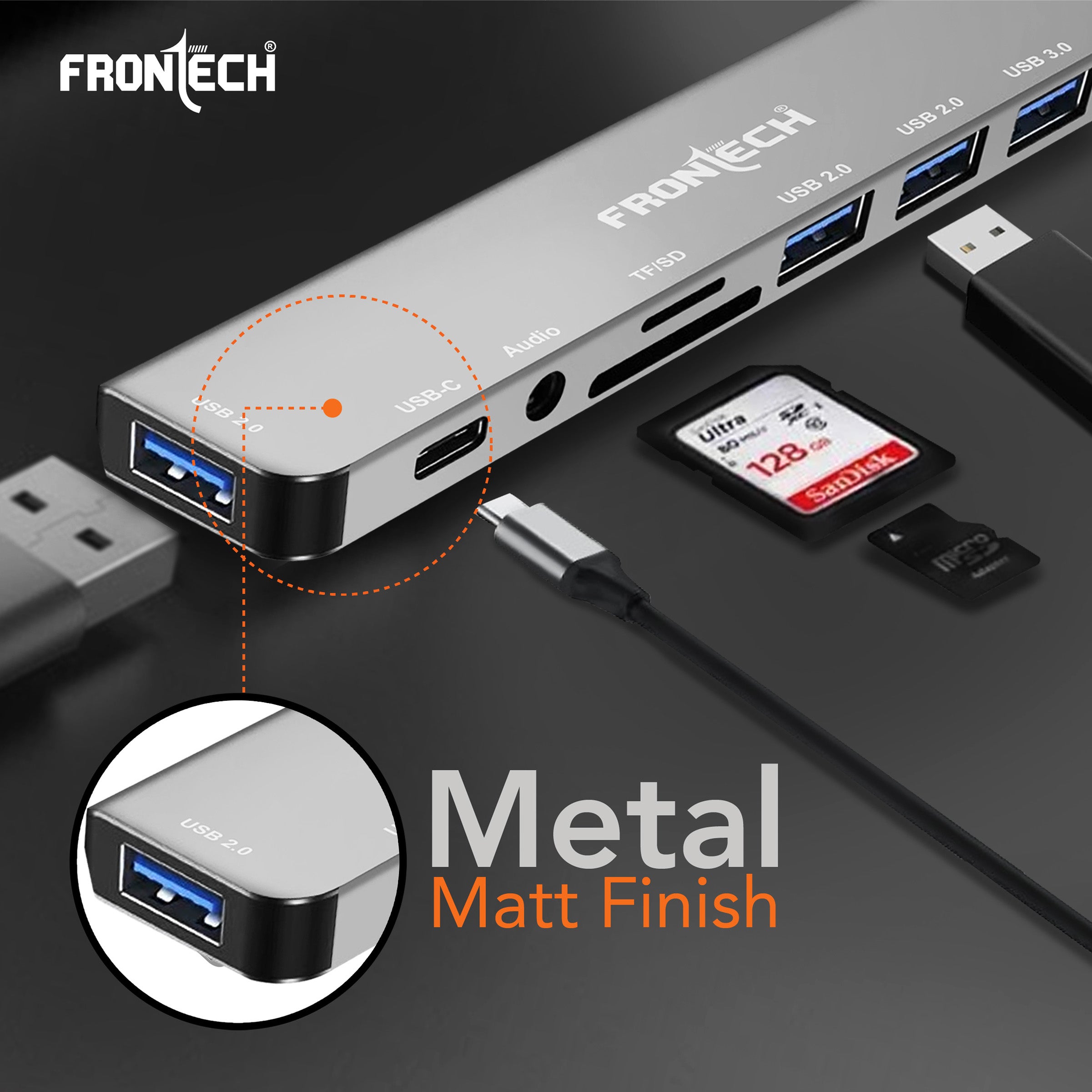 Frontech 8-in-1 Multi-Port Expansion Hub | Dual Input (USB-C & USB) | High-Speed Data Transfer | Metal Matt Finish (NC-0058)