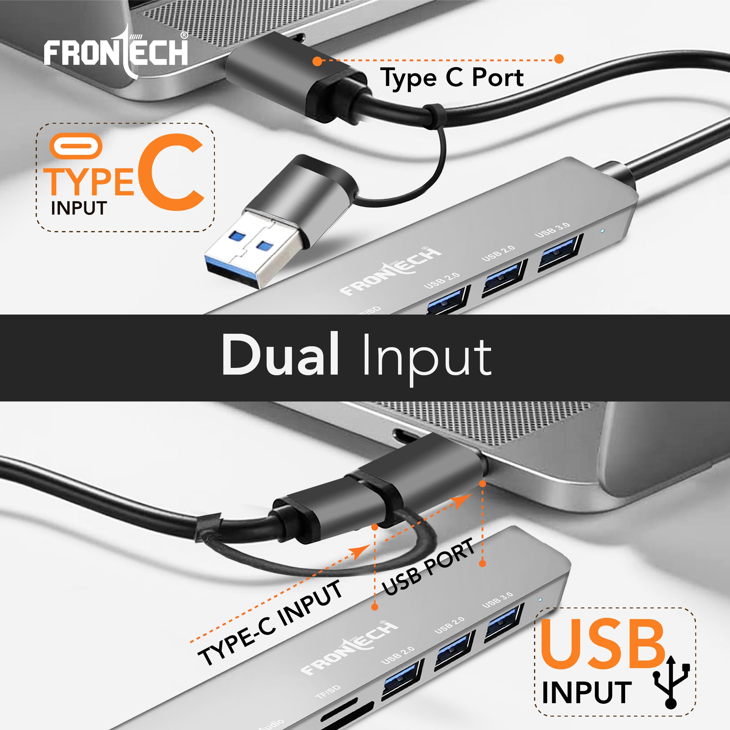 Frontech 8-in-1 Multi-Port Expansion Hub | Dual Input (USB-C & USB) | High-Speed Data Transfer | Metal Matt Finish (NC-0058)