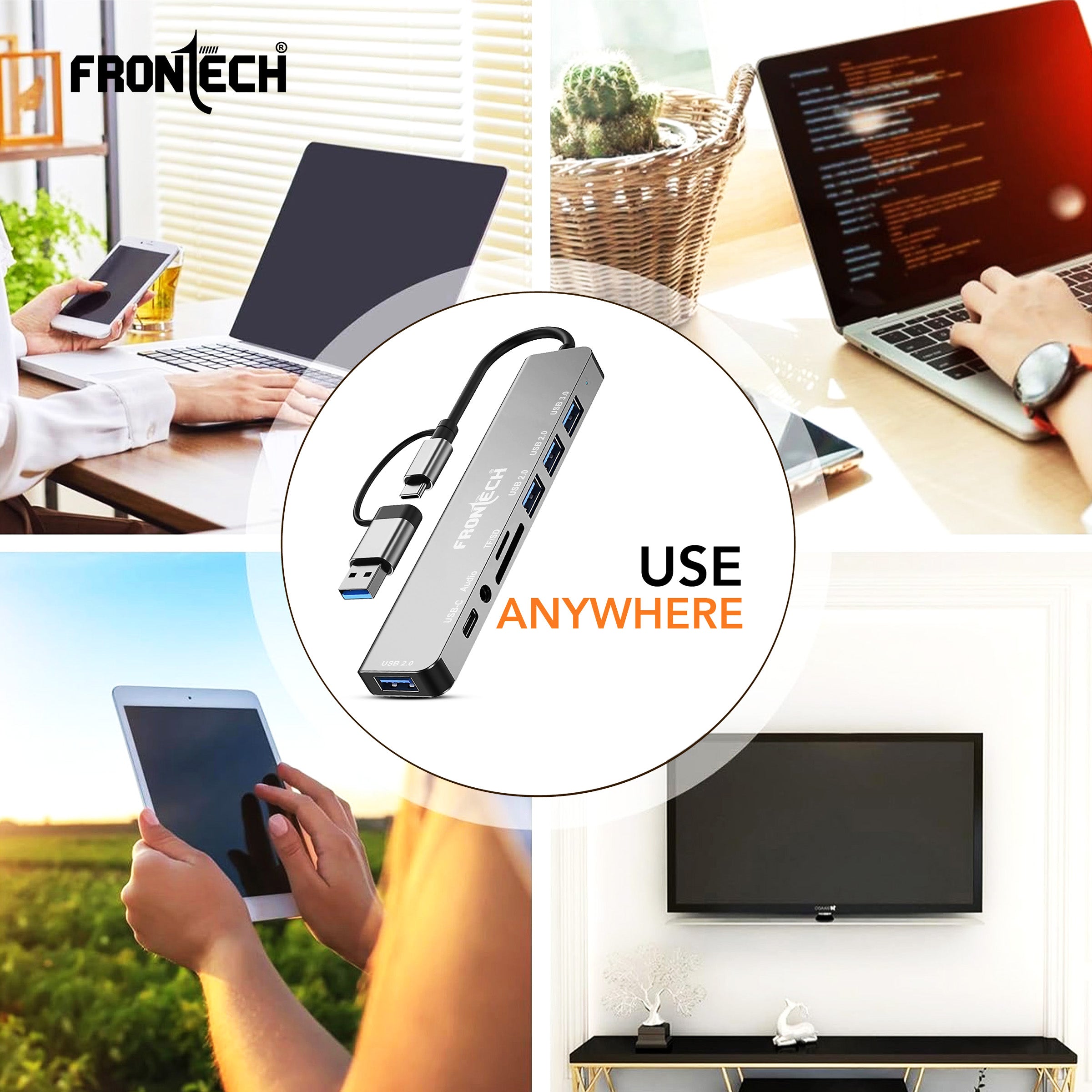 Frontech 8-in-1 Multi-Port Expansion Hub | Dual Input (USB-C & USB) | High-Speed Data Transfer | Metal Matt Finish (NC-0058)