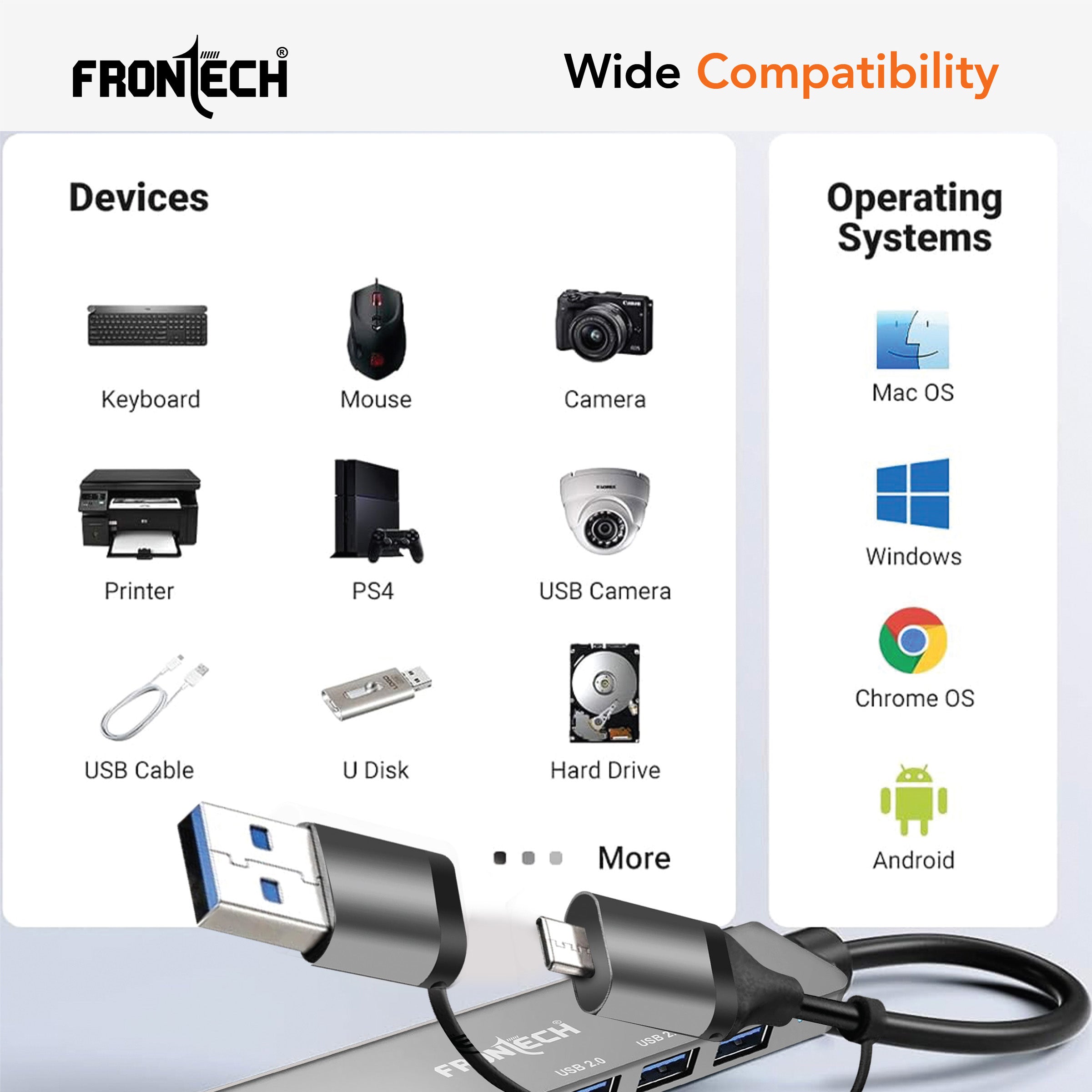 Frontech 8-in-1 Multi-Port Expansion Hub | Dual Input (USB-C & USB) | High-Speed Data Transfer | Metal Matt Finish (NC-0058)