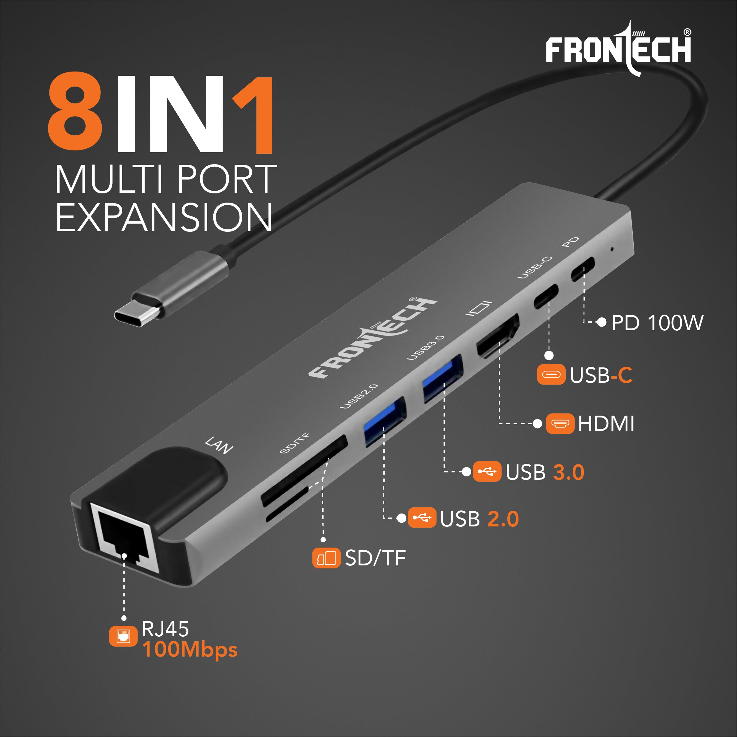 Frontech 8-in-1 USB-C Hub Docking Station | 4K HDMI, LAN 100Mbps, PD 100W, USB 3.0 & 2.0, SD/TF Card Reader | Aluminium Alloy Compact Hub (NC-0059)