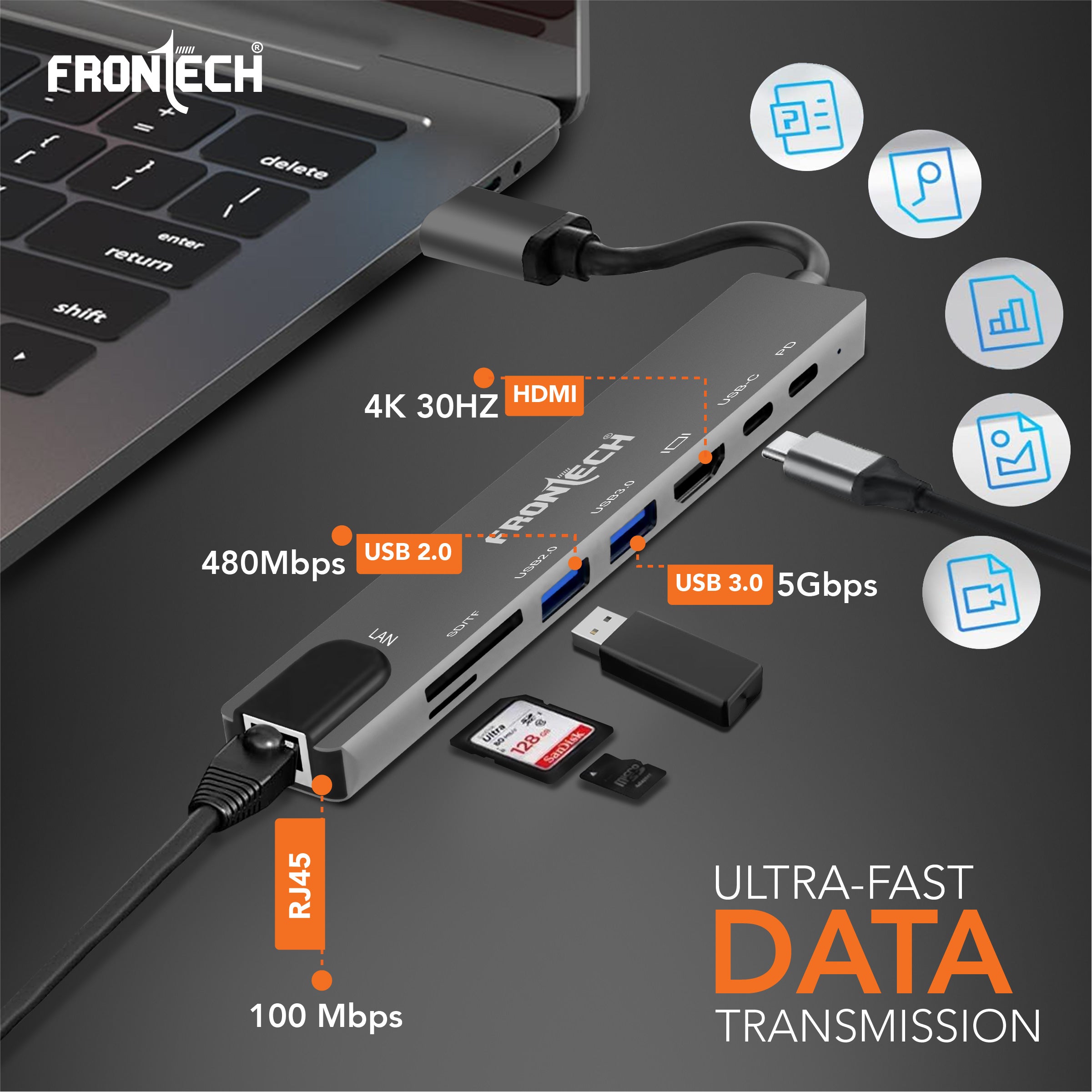 Frontech 8-in-1 USB-C Hub Docking Station | 4K HDMI, LAN 100Mbps, PD 100W, USB 3.0 & 2.0, SD/TF Card Reader | Aluminium Alloy Compact Hub (NC-0059)