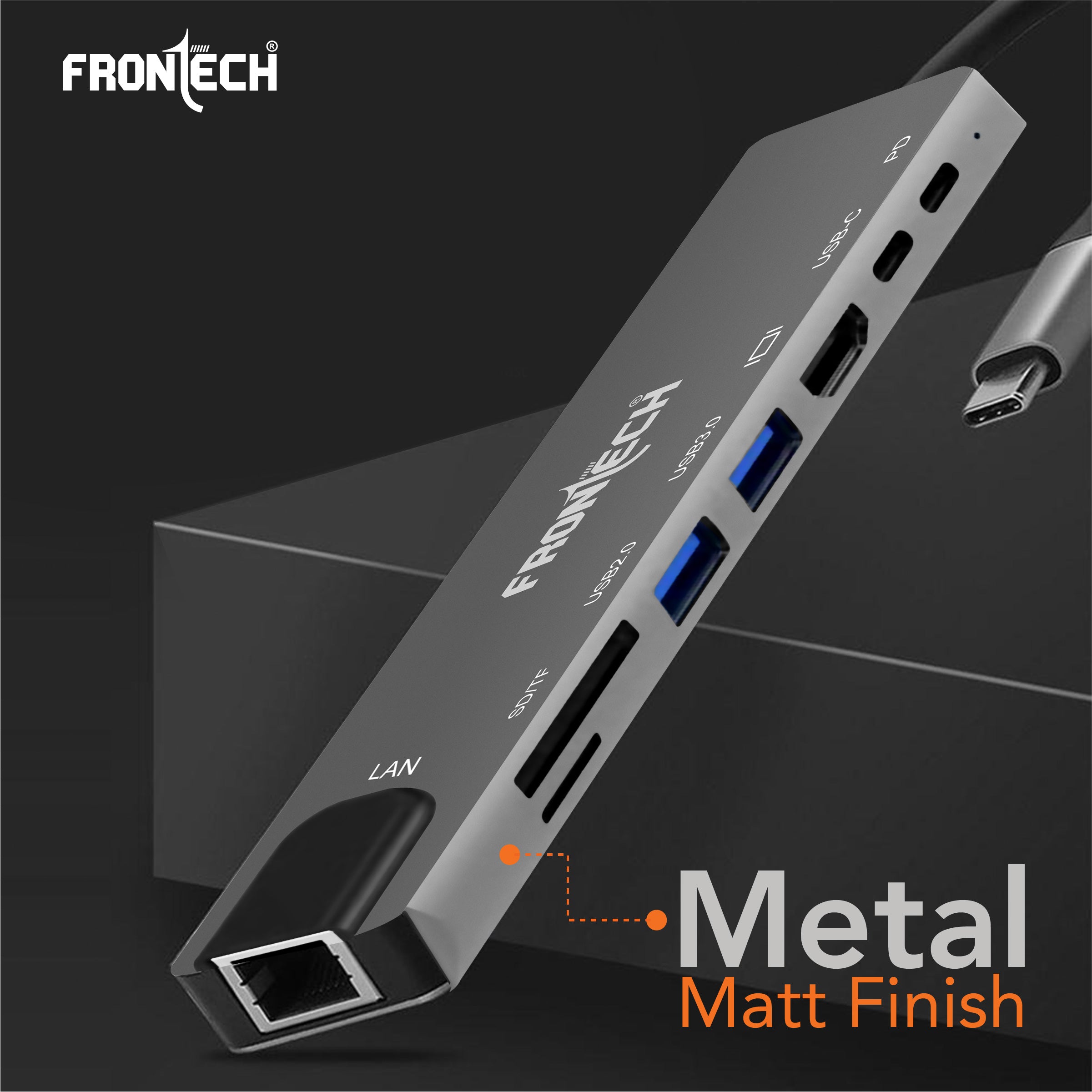 Frontech 8-in-1 USB-C Hub Docking Station | 4K HDMI, LAN 100Mbps, PD 100W, USB 3.0 & 2.0, SD/TF Card Reader | Aluminium Alloy Compact Hub (NC-0059)