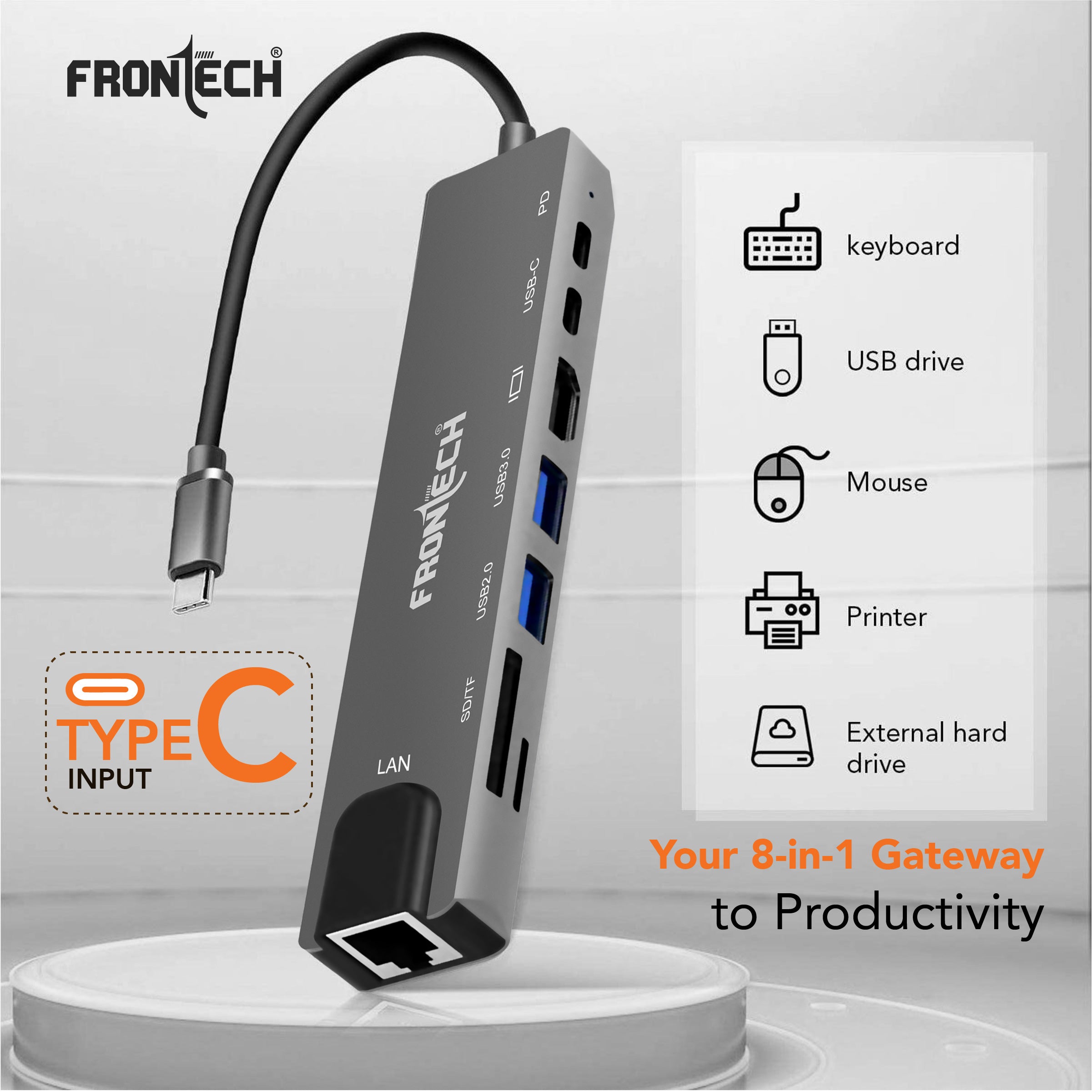 Frontech 8-in-1 USB-C Hub Docking Station | 4K HDMI, LAN 100Mbps, PD 100W, USB 3.0 & 2.0, SD/TF Card Reader | Aluminium Alloy Compact Hub (NC-0059)