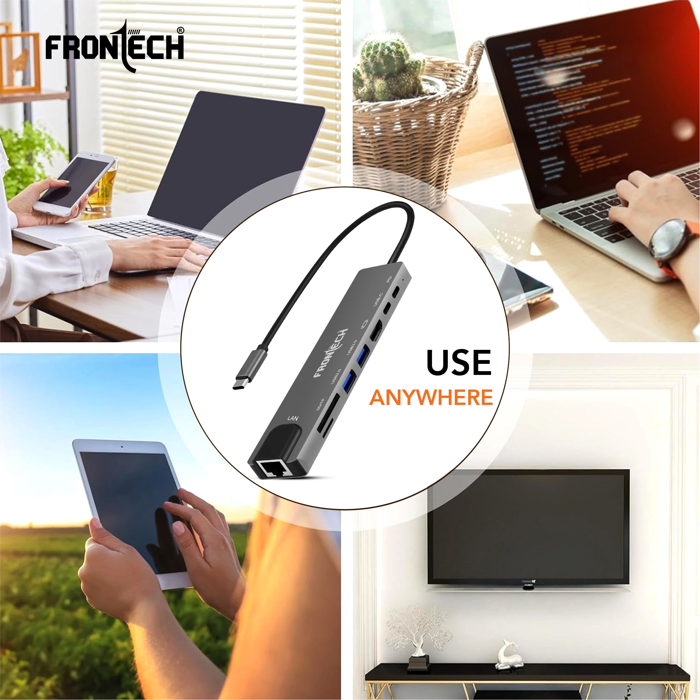 Frontech 8-in-1 USB-C Hub Docking Station | 4K HDMI, LAN 100Mbps, PD 100W, USB 3.0 & 2.0, SD/TF Card Reader | Aluminium Alloy Compact Hub (NC-0059)
