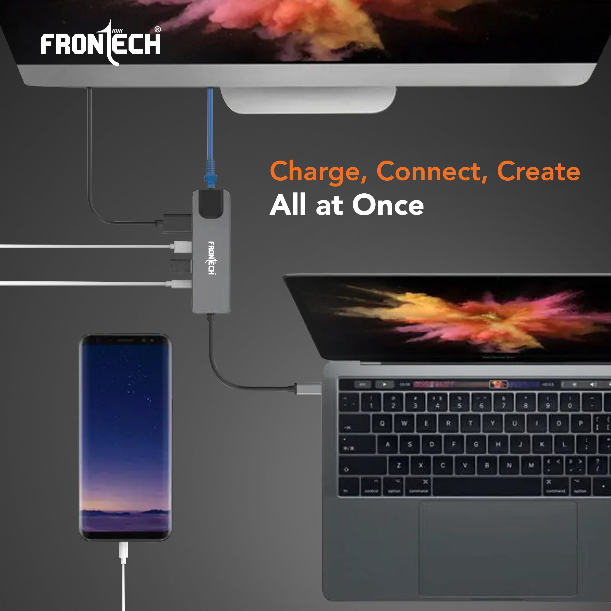 Frontech 8-in-1 USB-C Hub Docking Station | 4K HDMI, LAN 100Mbps, PD 100W, USB 3.0 & 2.0, SD/TF Card Reader | Aluminium Alloy Compact Hub (NC-0059)