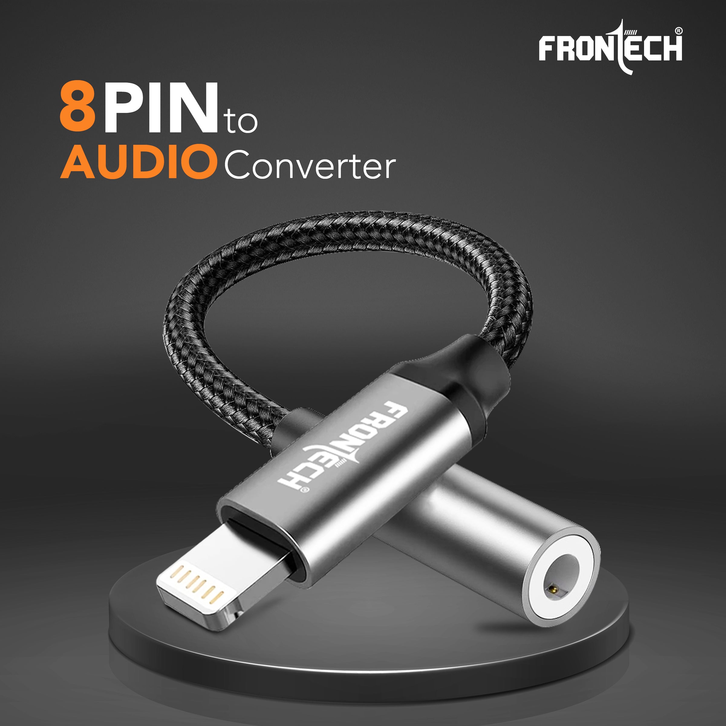 Frontech 8 Pin to 3.5mm Audio Converter – Compact Nylon Braided Adapter, Aluminum Alloy, Plug & Play, Supports Headphones, Mic & Music Playback for Smartphones/Laptops/Tablets/PC