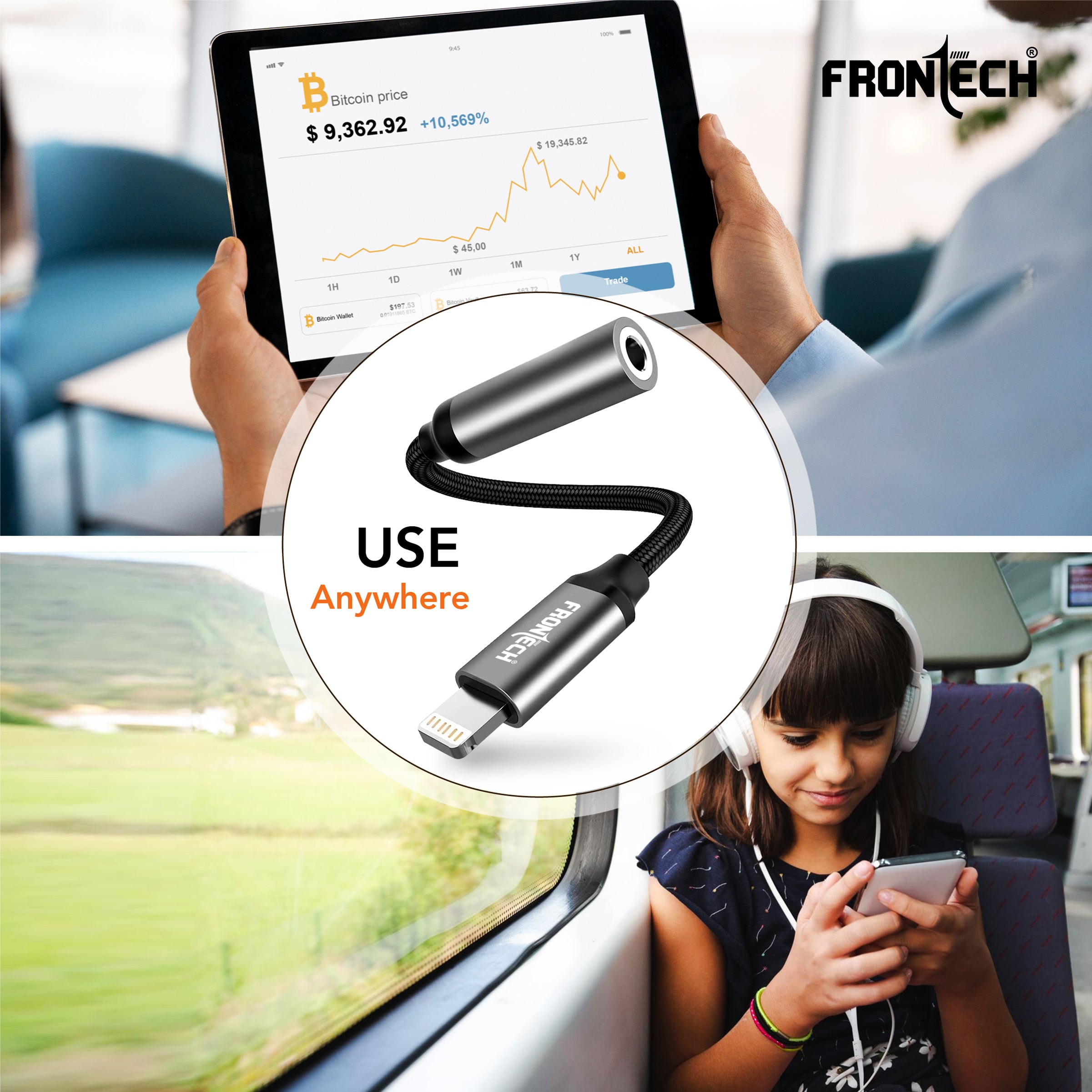 Frontech 8 Pin to 3.5mm Audio Converter – Compact Nylon Braided Adapter, Aluminum Alloy, Plug & Play, Supports Headphones, Mic & Music Playback for Smartphones/Laptops/Tablets/PC