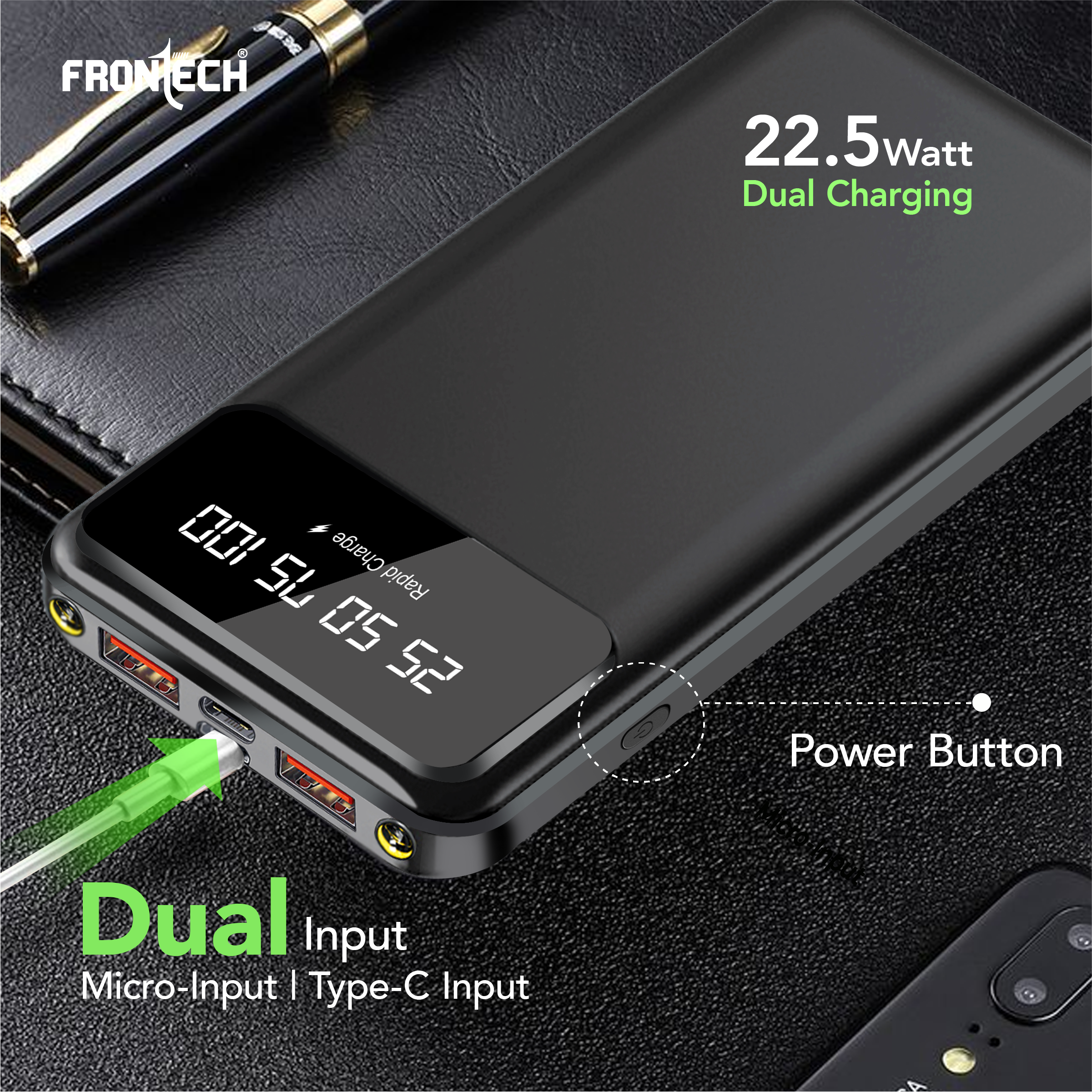 Frontech 10000mAh Power Bank | 22.5W Rapid Charging | Dual USB Output & Type-C Input | LED Torch Light & Battery Indicator | Li-Polymer Battery (PB-0006)