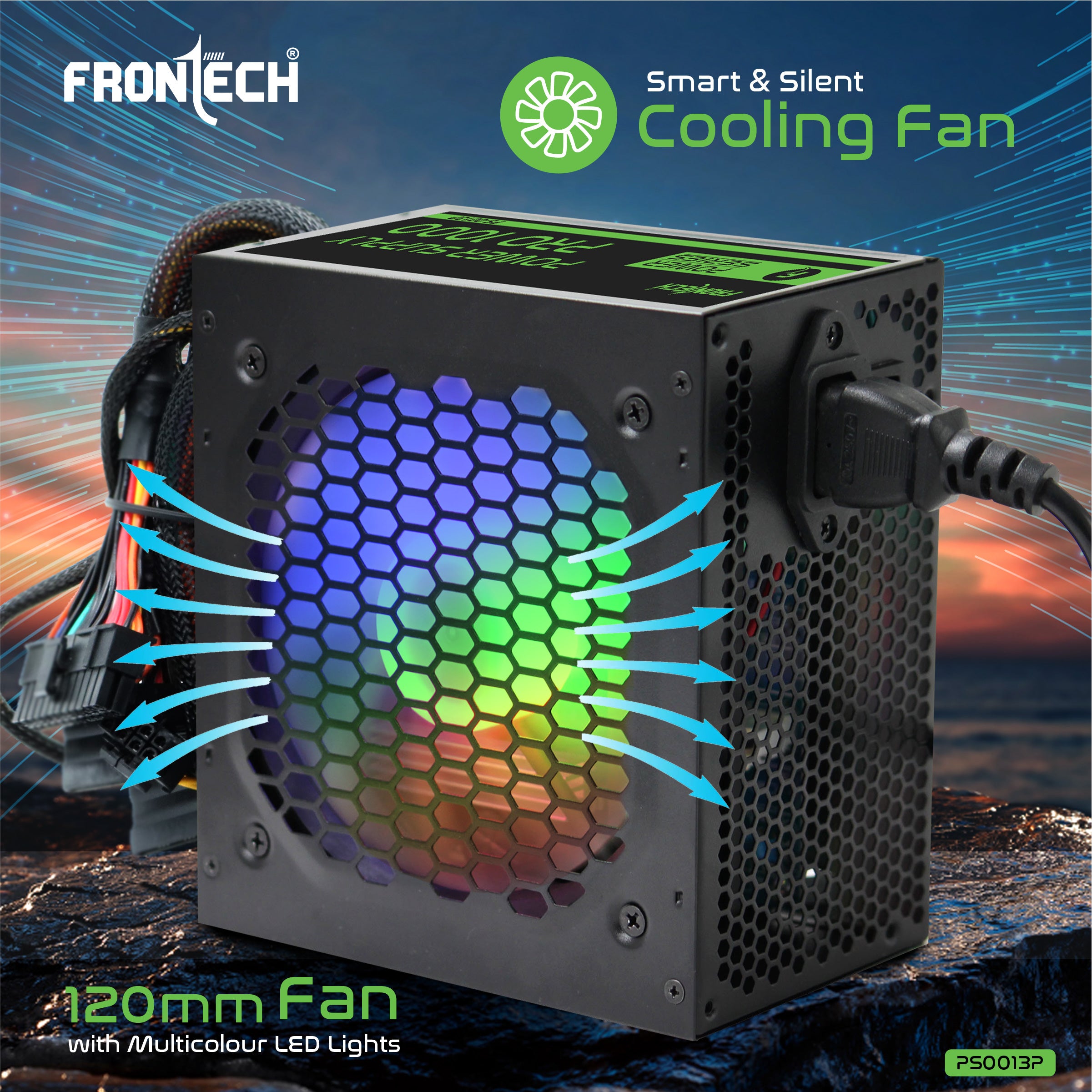 Frontech PRO 1000 Gaming Power Supply, 600W PSU, ATX 12V, 120mm RGB Silent Fan, PCI-E (6+2) Pin, 3 SATA, OCP/OVP/SCP Protection, 3-Year Warranty (PS-0013P)