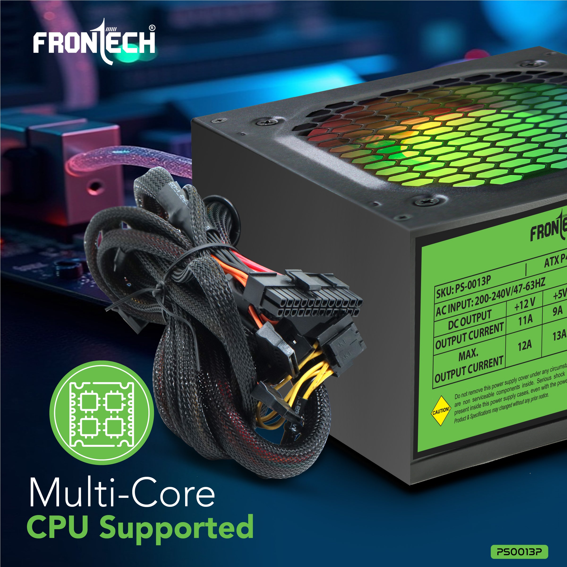 Frontech PRO 1000 Gaming Power Supply, 600W PSU, ATX 12V, 120mm RGB Silent Fan, PCI-E (6+2) Pin, 3 SATA, OCP/OVP/SCP Protection, 3-Year Warranty (PS-0013P)