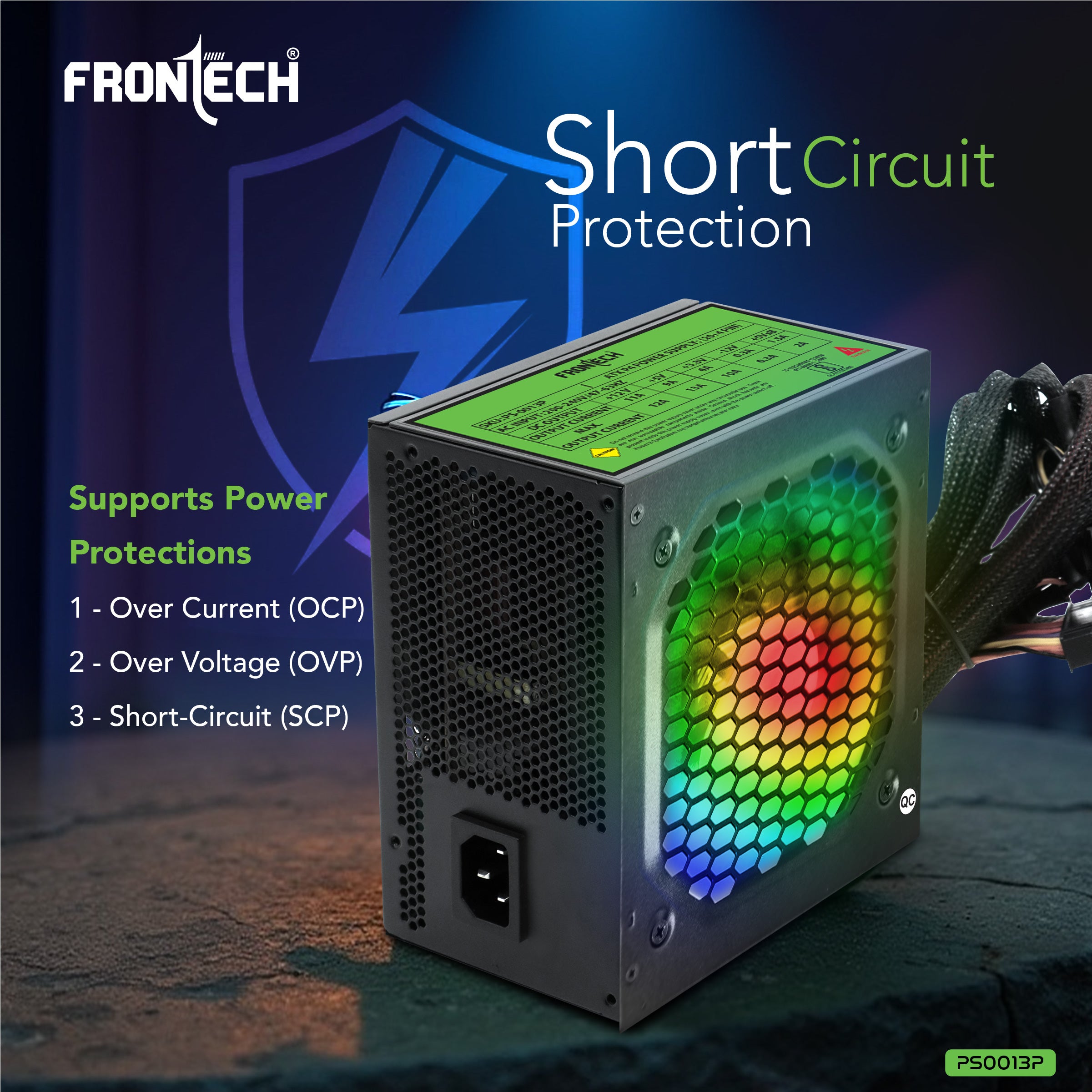 Frontech PRO 1000 Gaming Power Supply, 600W PSU, ATX 12V, 120mm RGB Silent Fan, PCI-E (6+2) Pin, 3 SATA, OCP/OVP/SCP Protection, 3-Year Warranty (PS-0013P)