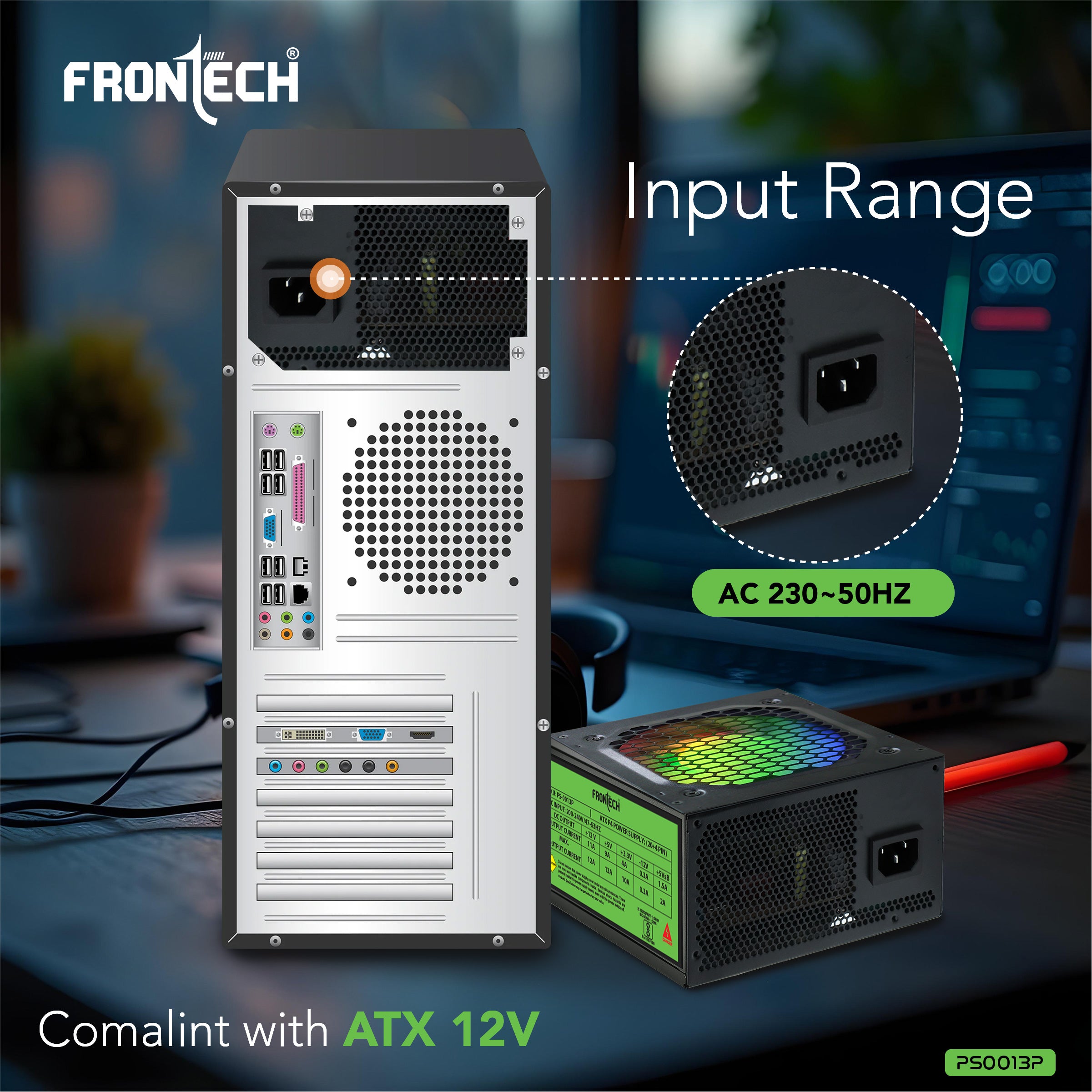 Frontech PRO 1000 Gaming Power Supply, 600W PSU, ATX 12V, 120mm RGB Silent Fan, PCI-E (6+2) Pin, 3 SATA, OCP/OVP/SCP Protection, 3-Year Warranty (PS-0013P)