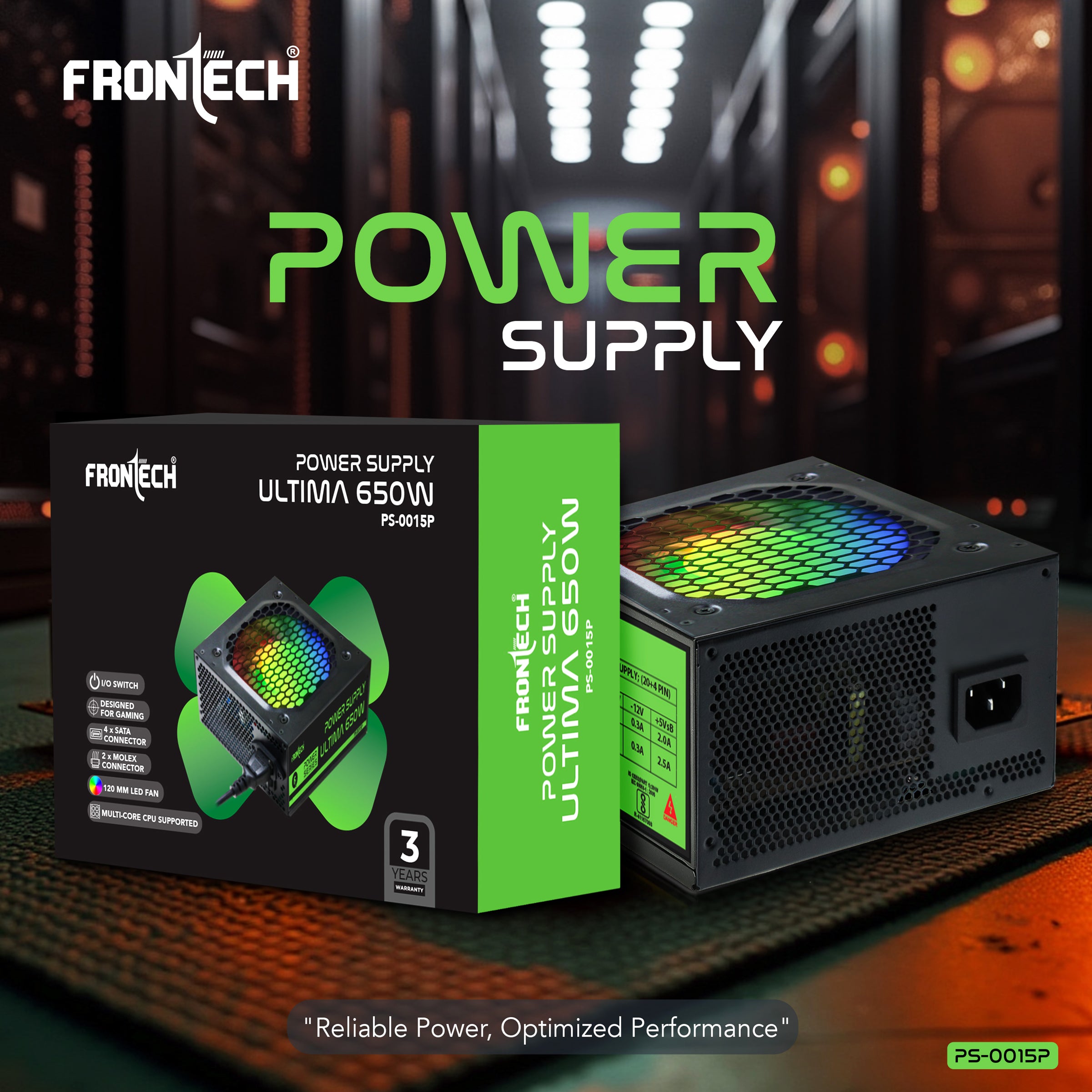 Frontech Ultima 650W Power Supply with 120mm RGB Fan, ATX 12V, DC-DC PFC, 4 SATA, 2 Molex, PCI-E (6+2), Sleeved Cables, OCP/OVP/SCP Protections & 3-Year Warranty (PS-0015P)