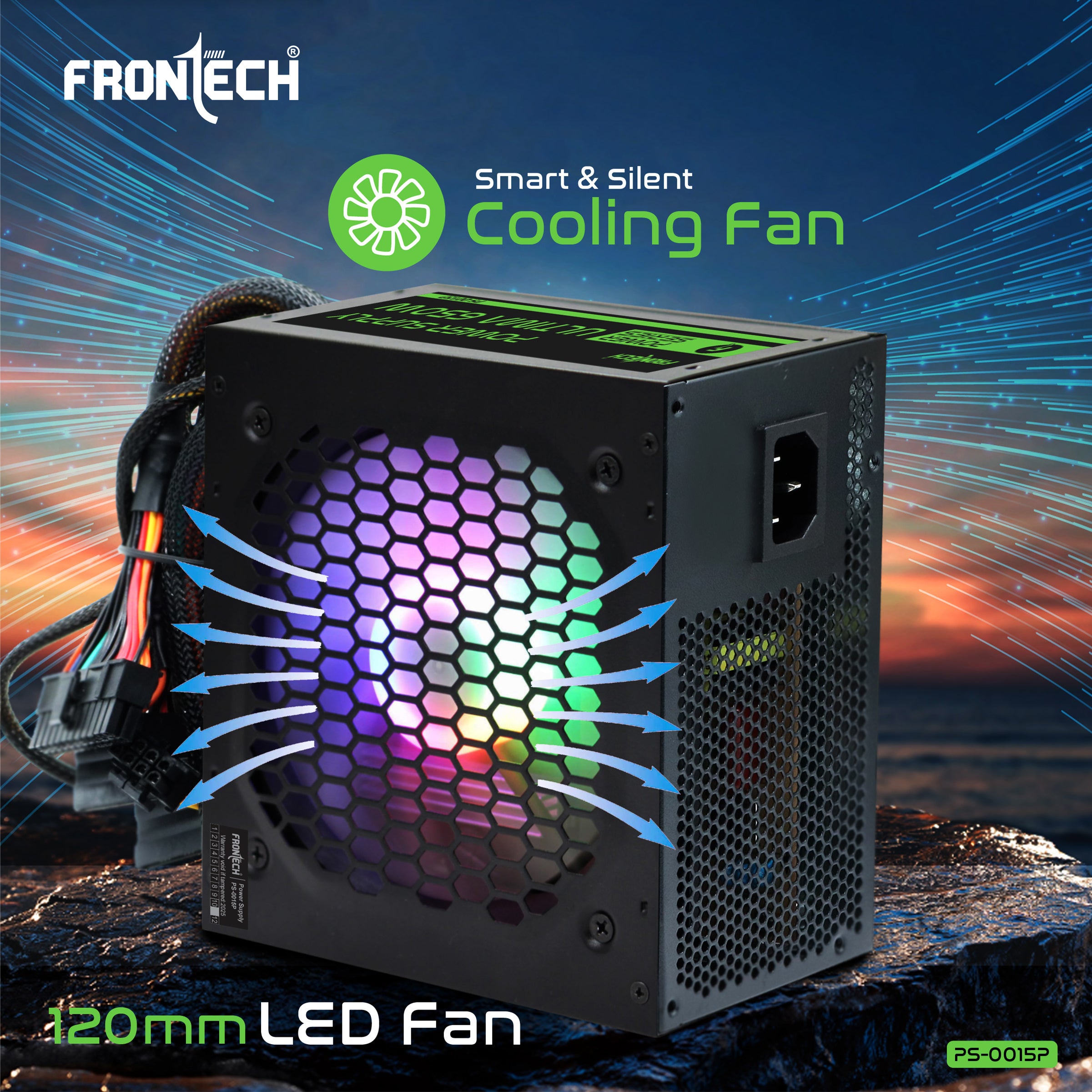 Frontech Ultima 650W Power Supply with 120mm RGB Fan, ATX 12V, DC-DC PFC, 4 SATA, 2 Molex, PCI-E (6+2), Sleeved Cables, OCP/OVP/SCP Protections & 3-Year Warranty (PS-0015P)