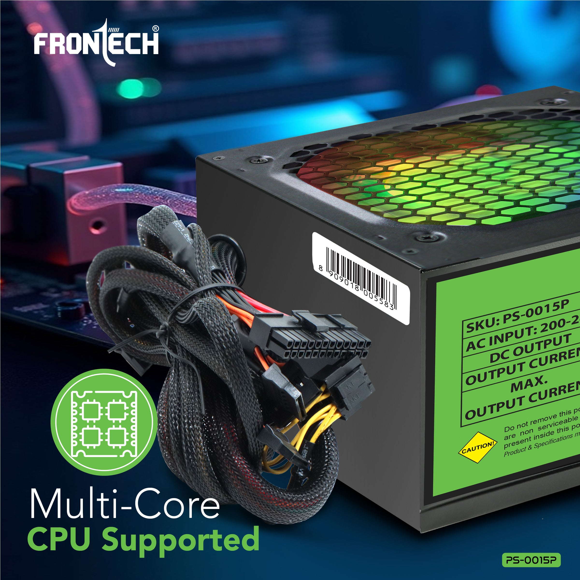 Frontech Ultima 650W Power Supply with 120mm RGB Fan, ATX 12V, DC-DC PFC, 4 SATA, 2 Molex, PCI-E (6+2), Sleeved Cables, OCP/OVP/SCP Protections & 3-Year Warranty (PS-0015P)