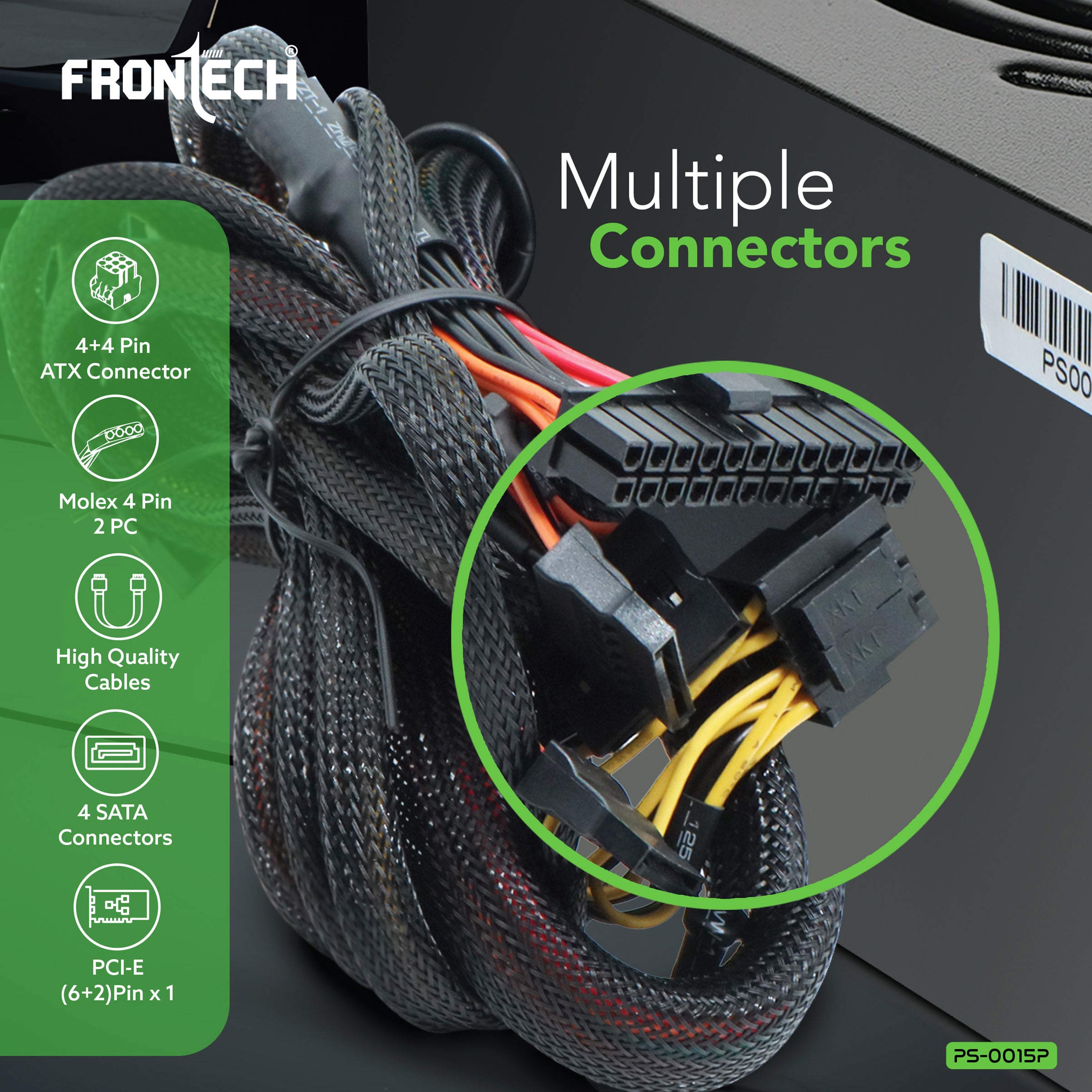 Frontech Ultima 650W Power Supply with 120mm RGB Fan, ATX 12V, DC-DC PFC, 4 SATA, 2 Molex, PCI-E (6+2), Sleeved Cables, OCP/OVP/SCP Protections & 3-Year Warranty (PS-0015P)