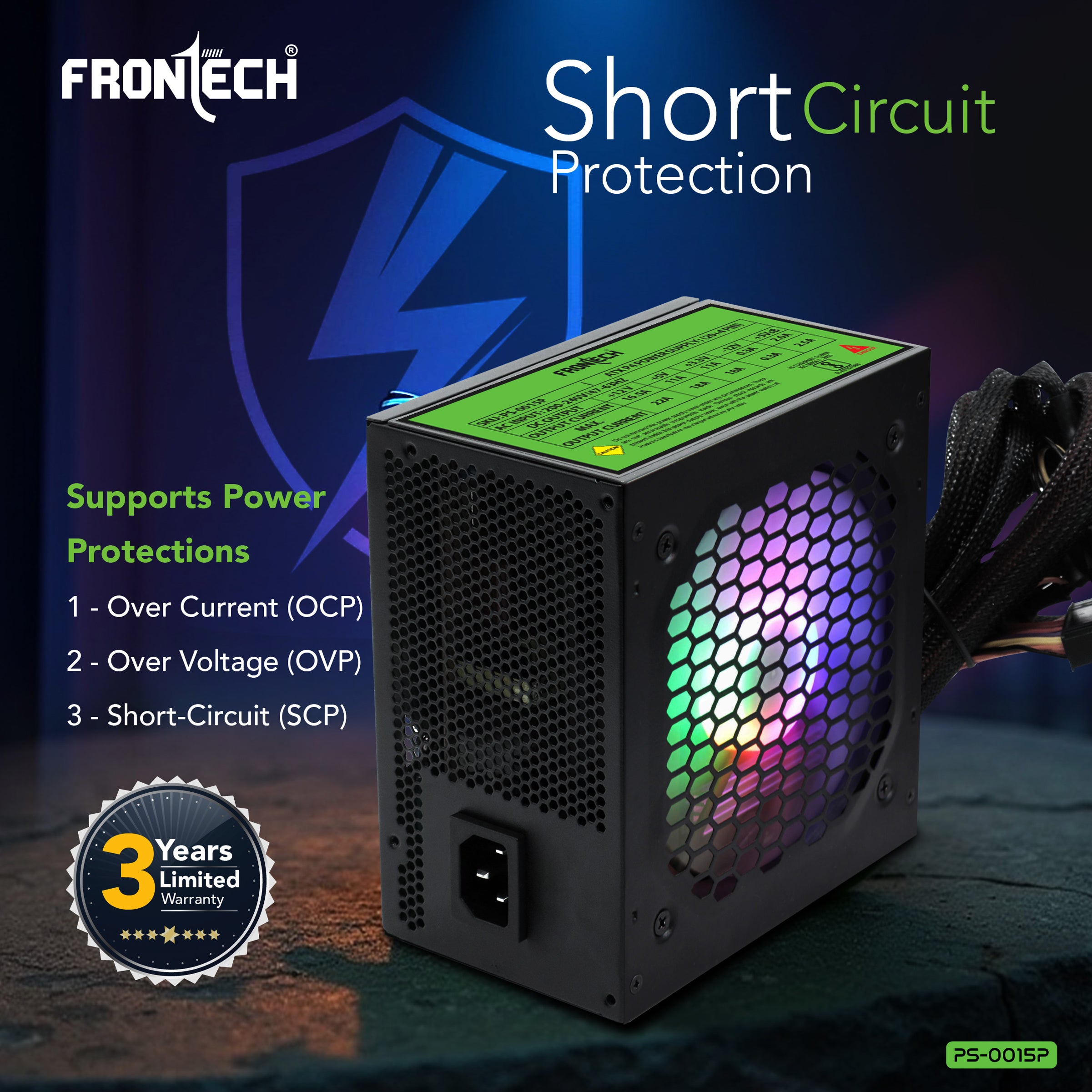 Frontech Ultima 650W Power Supply with 120mm RGB Fan, ATX 12V, DC-DC PFC, 4 SATA, 2 Molex, PCI-E (6+2), Sleeved Cables, OCP/OVP/SCP Protections & 3-Year Warranty (PS-0015P)