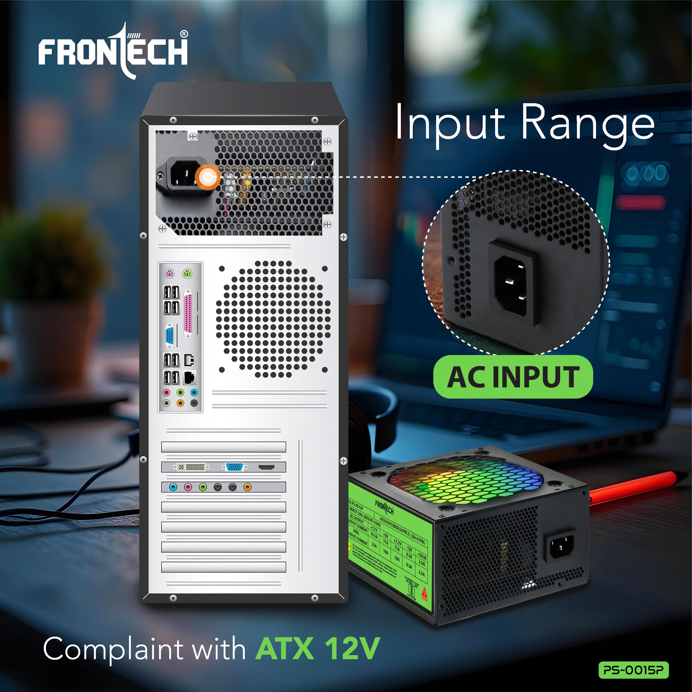 Frontech Ultima 650W Power Supply with 120mm RGB Fan, ATX 12V, DC-DC PFC, 4 SATA, 2 Molex, PCI-E (6+2), Sleeved Cables, OCP/OVP/SCP Protections & 3-Year Warranty (PS-0015P)