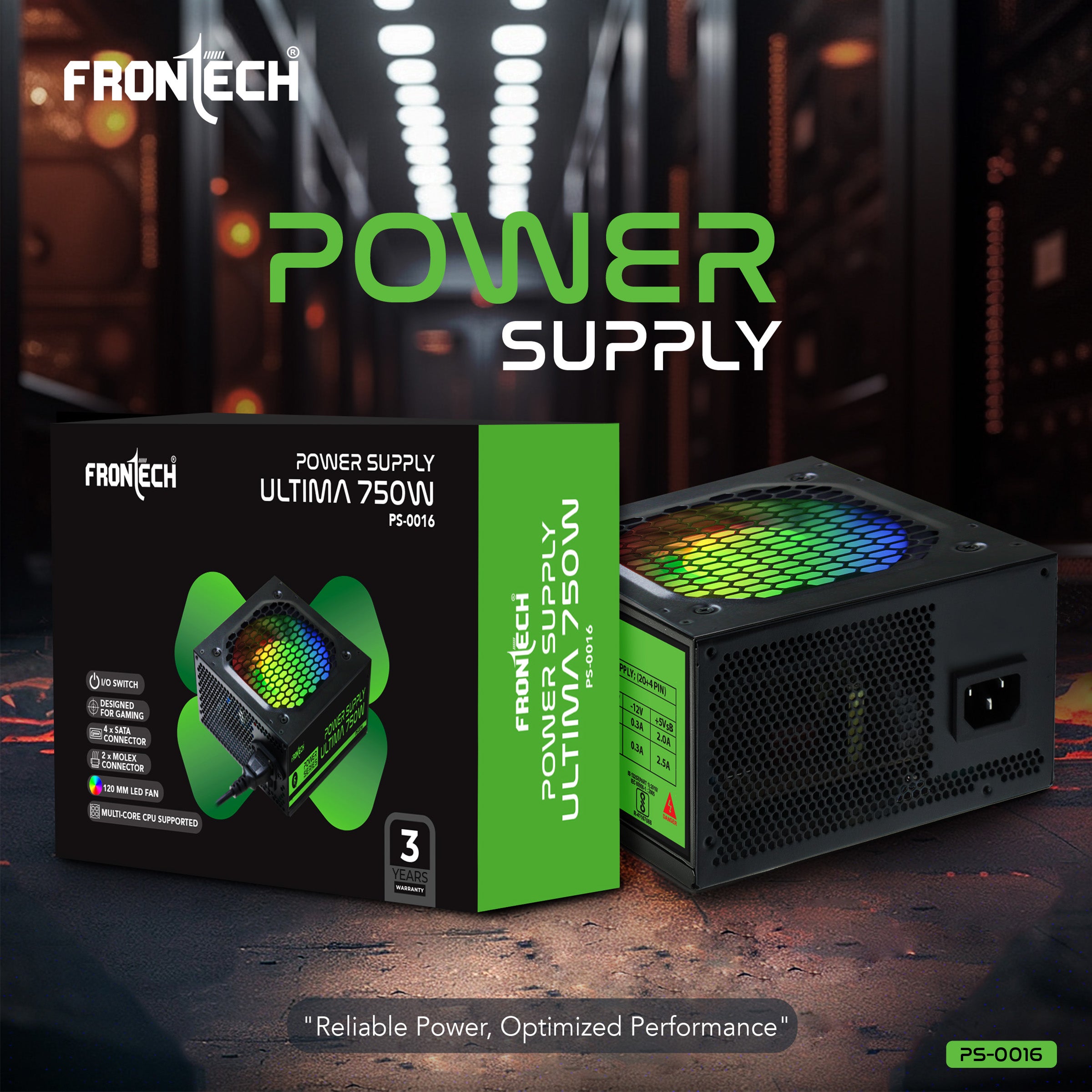 Frontech Ultima 750W Power Supply | ATX 12V SMPS | 120mm RGB Fan | Sleeved Cables | 20+4 ATX, 4+4 CPU, 6+2 PCI-E, 4 SATA & 2 Molex | OCP/OVP/SCP Protection | 3-Year Warranty (PS-0016)