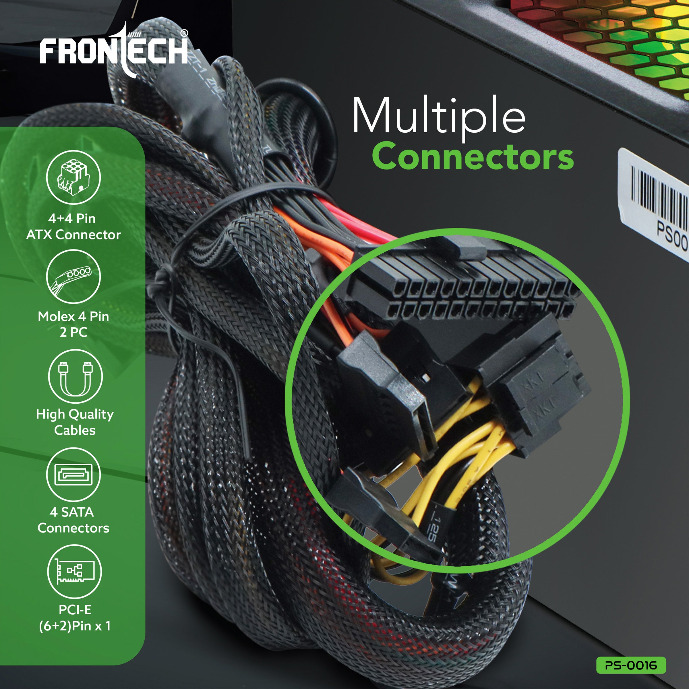 Frontech Ultima 750W Power Supply | ATX 12V SMPS | 120mm RGB Fan | Sleeved Cables | 20+4 ATX, 4+4 CPU, 6+2 PCI-E, 4 SATA & 2 Molex | OCP/OVP/SCP Protection | 3-Year Warranty (PS-0016)