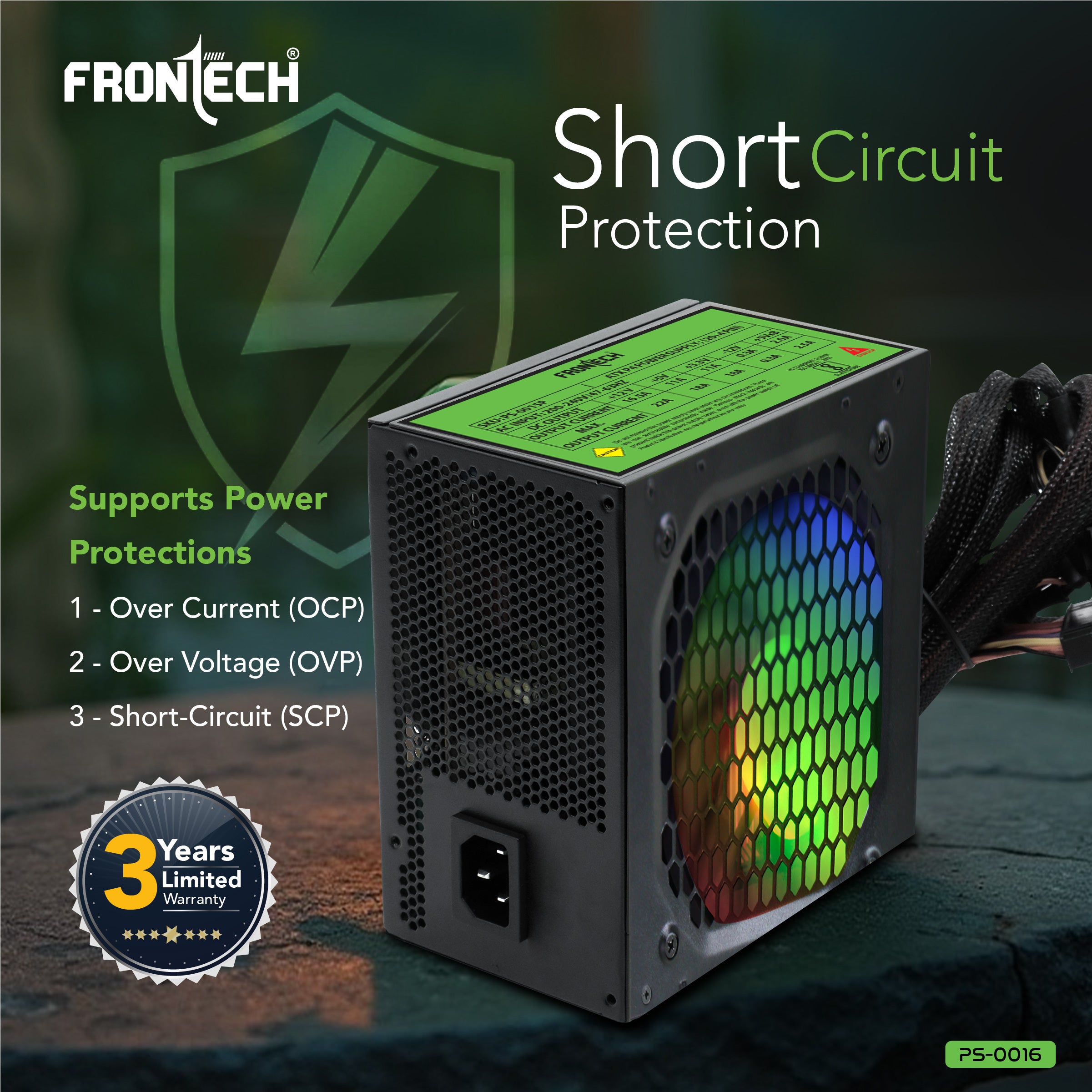 Frontech Ultima 750W Power Supply | ATX 12V SMPS | 120mm RGB Fan | Sleeved Cables | 20+4 ATX, 4+4 CPU, 6+2 PCI-E, 4 SATA & 2 Molex | OCP/OVP/SCP Protection | 3-Year Warranty (PS-0016)
