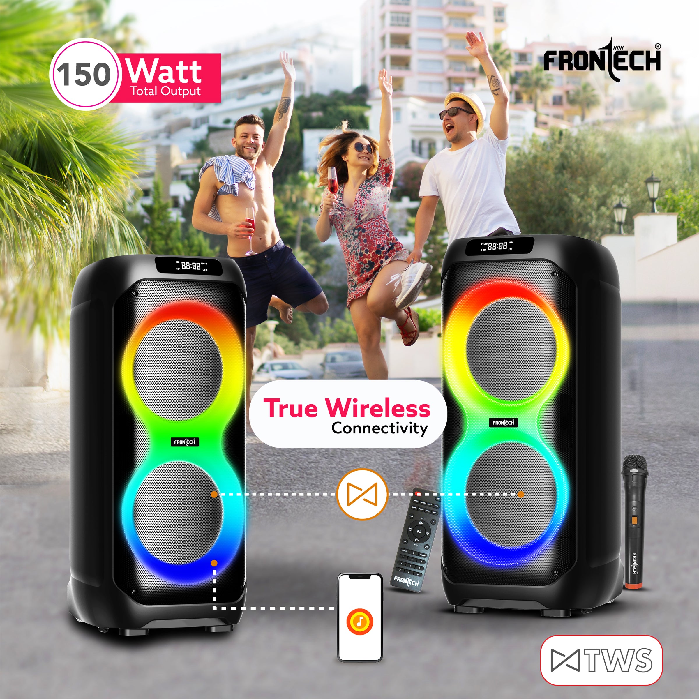 Frontech Smash PRO-95P Multimedia Bluetooth Speaker | 150W Output | RGB Lights | Wireless Mic & Karaoke | Dual 10