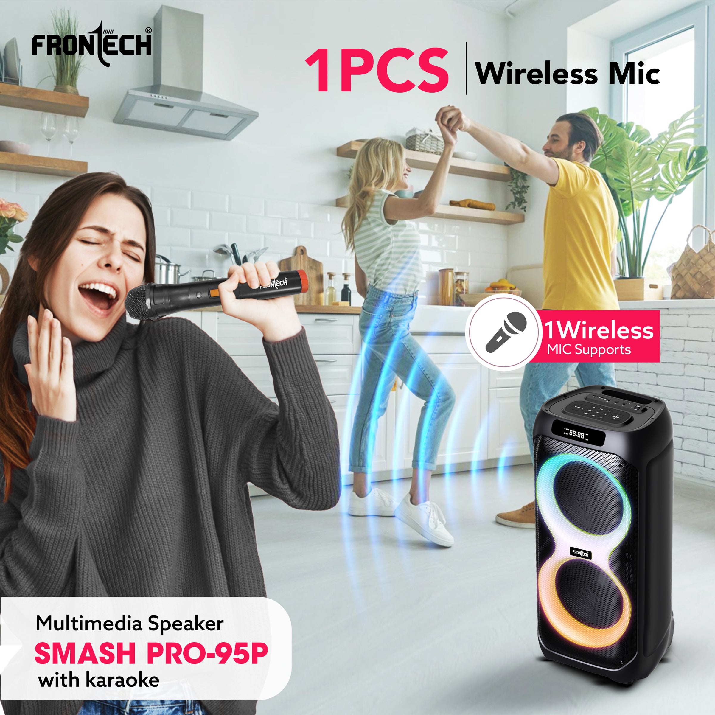 Frontech Smash PRO-95P Multimedia Bluetooth Speaker | 150W Output | RGB Lights | Wireless Mic & Karaoke | Dual 10