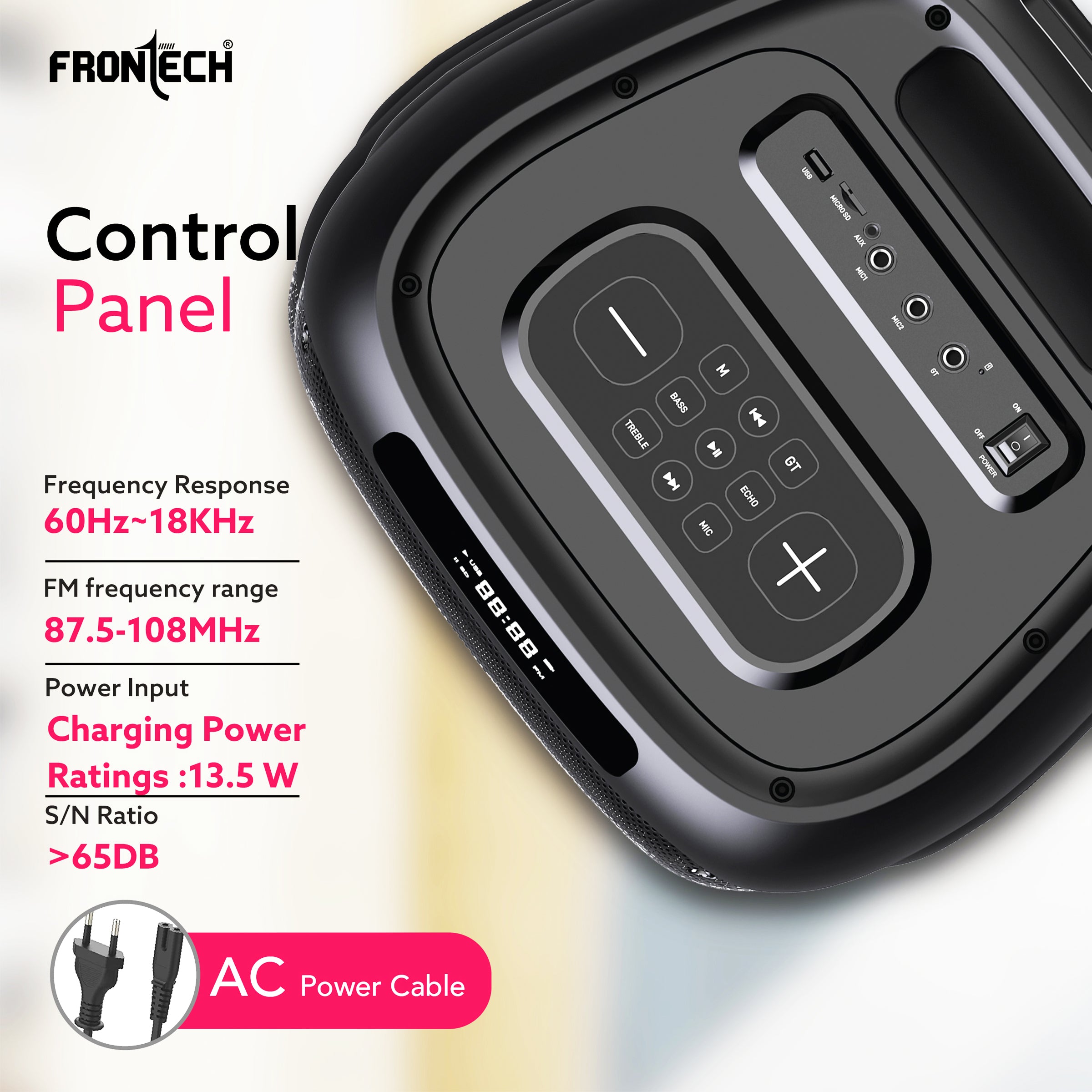 Frontech Smash PRO-95P Multimedia Bluetooth Speaker | 150W Output | RGB Lights | Wireless Mic & Karaoke | Dual 10