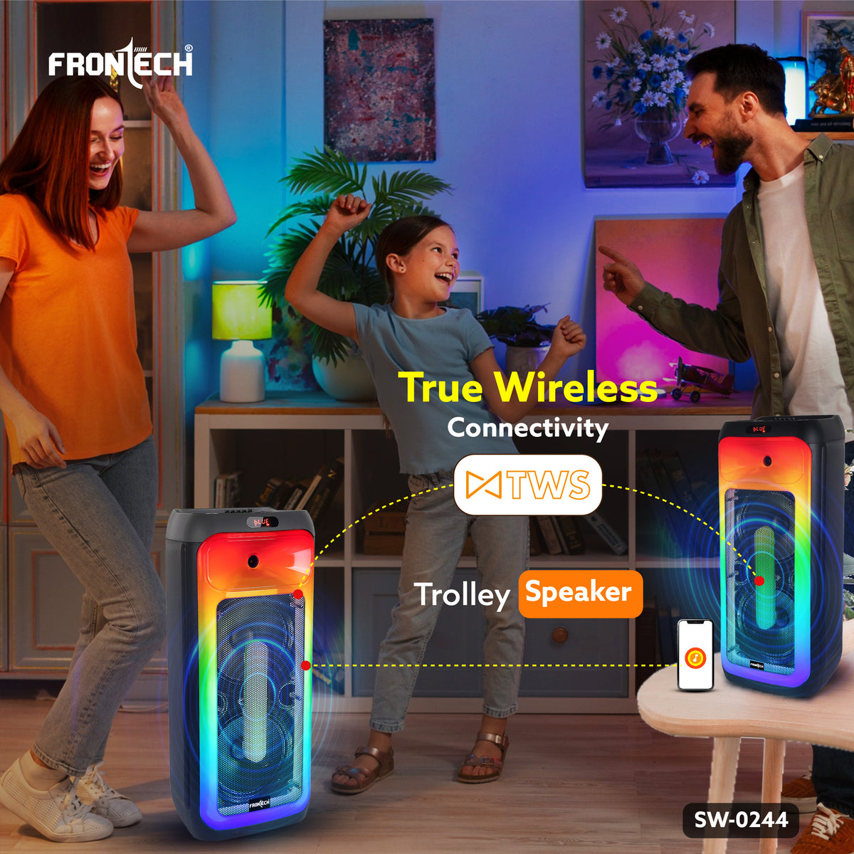 Frontech Smash Pro-244 Trolley Speaker | 120W | Dual 10″ Drivers | RGB | BT 5.1 & TWS | FM/USB | Wireless Mics (SW-0244)
