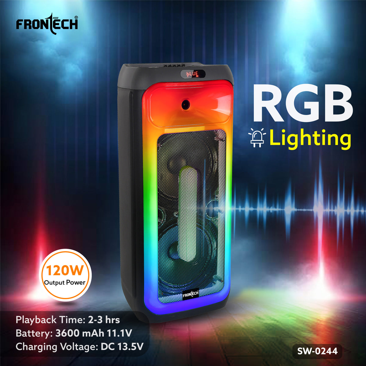 Frontech Smash Pro-244 Trolley Speaker | 120W | Dual 10″ Drivers | RGB | BT 5.1 & TWS | FM/USB | Wireless Mics (SW-0244)