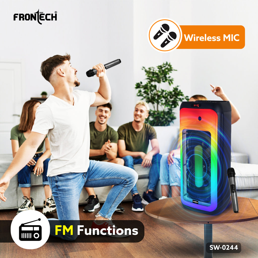 Frontech Smash Pro-244 Trolley Speaker | 120W | Dual 10″ Drivers | RGB | BT 5.1 & TWS | FM/USB | Wireless Mics (SW-0244)