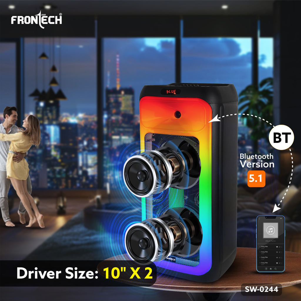 Frontech Smash Pro-244 Trolley Speaker | 120W | Dual 10″ Drivers | RGB | BT 5.1 & TWS | FM/USB | Wireless Mics (SW-0244)