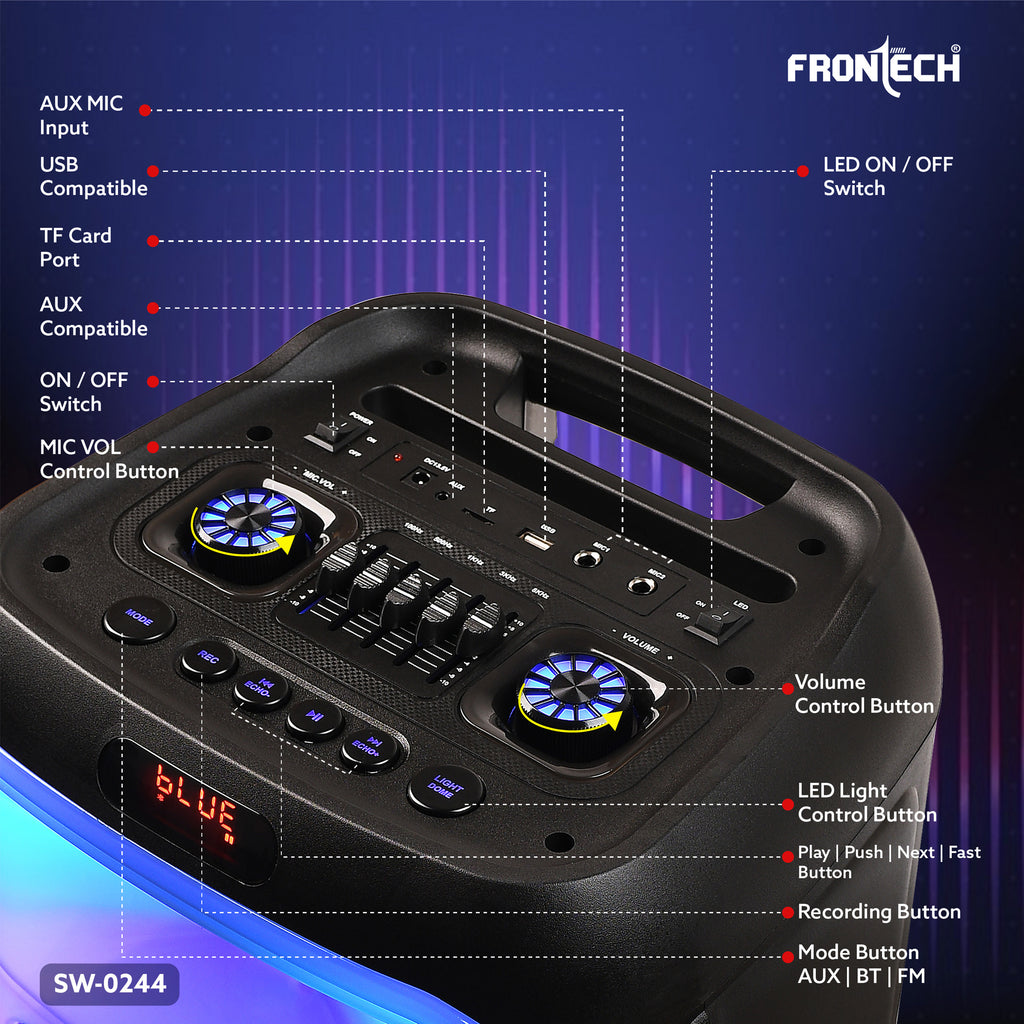 Frontech Smash Pro-244 Trolley Speaker | 120W | Dual 10″ Drivers | RGB | BT 5.1 & TWS | FM/USB | Wireless Mics (SW-0244)