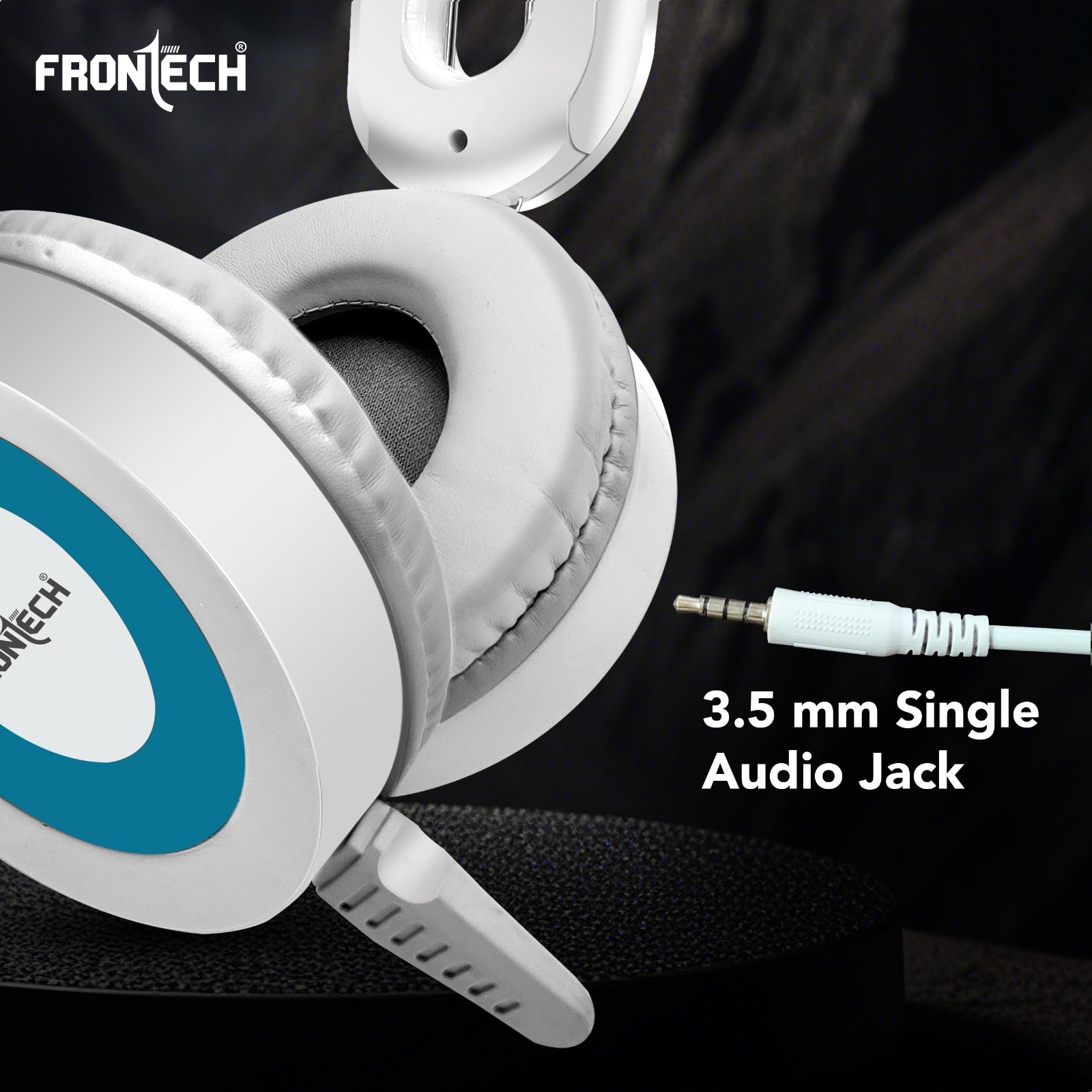Frontech Wired Over-Ear Multimedia Headphones with Mic | 3.5mm single Audio Jack| Adjustable Headband & Soft Cushions | Compatible with PC, Laptop & Mobile – White & Blue (HF-3452)